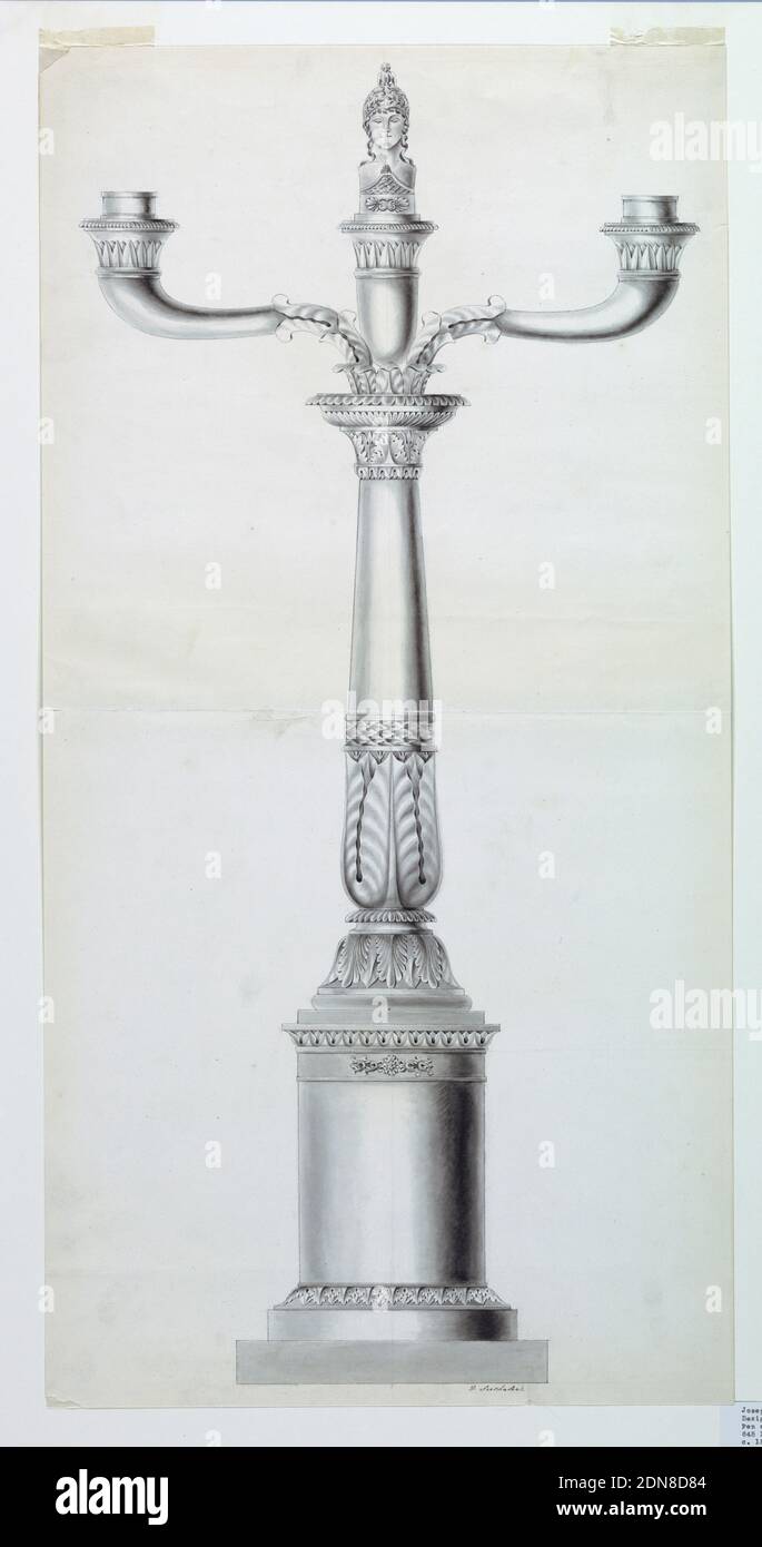 Design per un Candlestick, Joseph Anton Seethaler II, tedesco, 1799–1868, penna e inchiostro, pennello e lavaggio su carta, due rami a forma di corno con prese si diramano dalla parte superiore di una colonna che si trova su un piedistallo rotondo. Un busto di Athena è in cima al centro., Augusta, Germania, 1827–1835, metallurgia, disegno Foto Stock