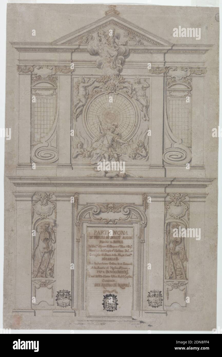 Title Page, parte 9, da un Album di disegni appartenenti a Don Gaspero Méndez de Haro y Guzman, Unknown, inchiostro penna e marrone, pennello e lavaggio blu-grigio e marrone, gesso nero su carta marrone pesante, disegno architettonico foderato, in formato verticale. Due storie, quella inferiore con i pilasters di ordine dorico, quella superiore con i pilasters di ordine ionico. Il telaio della porta mostra un frontone rotto con una cesoia al centro, con un cranio alato sulla parte superiore. Lateralmente ci sono nicchie che mostrano statue DI MORTE davanti ai trofei, quella sinistra che si riferisce al potere mondano, quella destra all'ecclesiastico Foto Stock