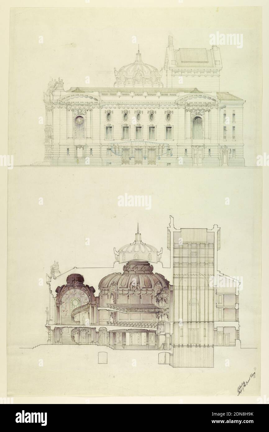 Elevazione e sezione trasversale di un Teatro dell'Opera, penna e inchiostro, pennello e acquerello, grafite su carta, elevazione laterale, in alto, di un disegno grande ed elaborato per un teatro dell'opera. Sotto, una sezione attraverso la stessa area, che rivela il foyer e la disposizione dei posti a sedere., USA, ca. 1900, disegno Foto Stock