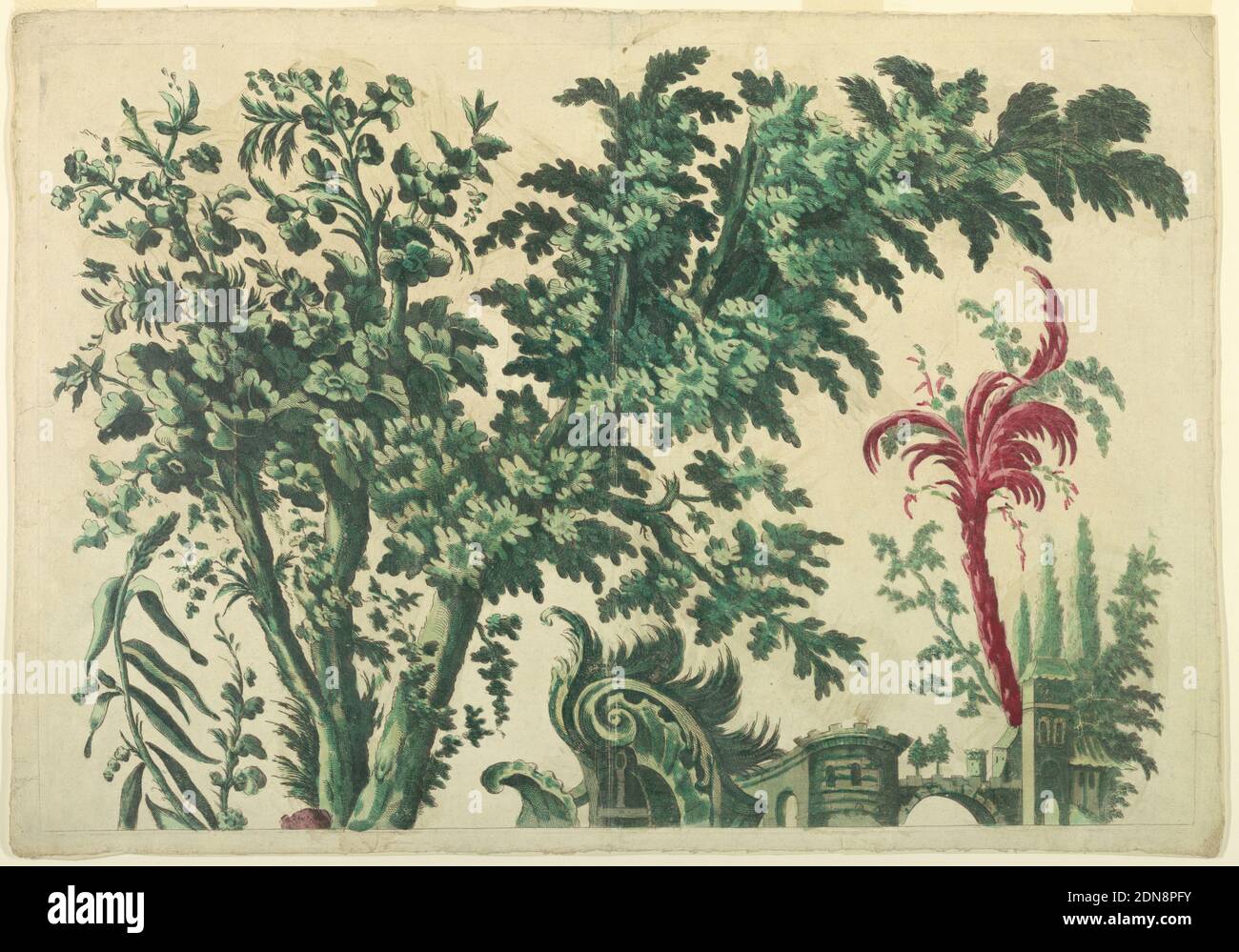 Parte superiore di un pannello ornamentale, pennello e acquerello su carta, montato, in primo piano a sinistra è un albero le cui ramificazioni frondosi si estendono fino all'angolo superiore destro. Centro inferiore: Parte superiore di una cresta. Farhter parte posteriore di un castello con torri e un ponte. Alberi sullo sfondo. Linea di divisione in basso., Francia, 1750–1775, Stampa Foto Stock