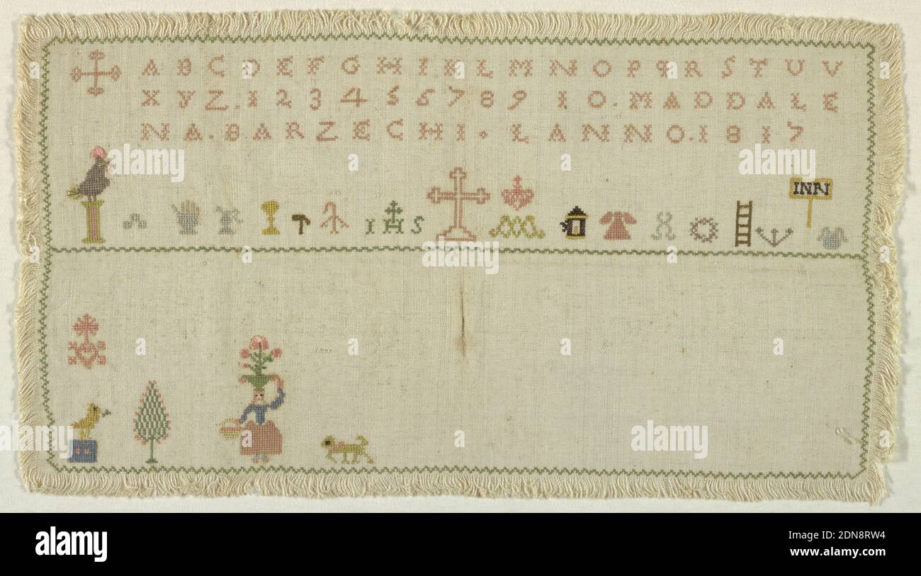 Campionatore, Maddalena Barzechi, Italiano, Medio: Ricamo di seta su fonderia di lino tecnica: Ricamato in punti a croce e satin su fondazioni di tessitura piana, rettangolo orizzontale con bordo esterno a zigzag stretto; fascia di alfabeto, numero, nome e data. Banda di motivi religiosi. Il campo inferiore contiene scene domestiche ed è incompleto. L'alfabeto inizia con la croce maltese. Policromo su naturale., Italia, 1817, ricamo e cucitura, Sampler Foto Stock