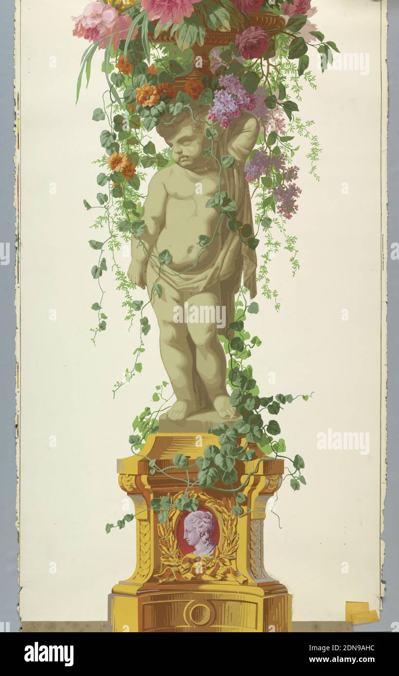 Pannello decorativo, Jules Desfossé, francese, attivo 1851 - 1863, carta stampata a blocchi, Statua di un bambino, in piedi su piedistallo coperto di vite con un cameo di borgogna e lavanda in base. Putti è rivolto a sinistra, supportando un cesto di fiori venenti. Stampato su terreno bianco, Parigi, Francia, 1856–1857, rivestimenti, pannello decorativo Foto Stock