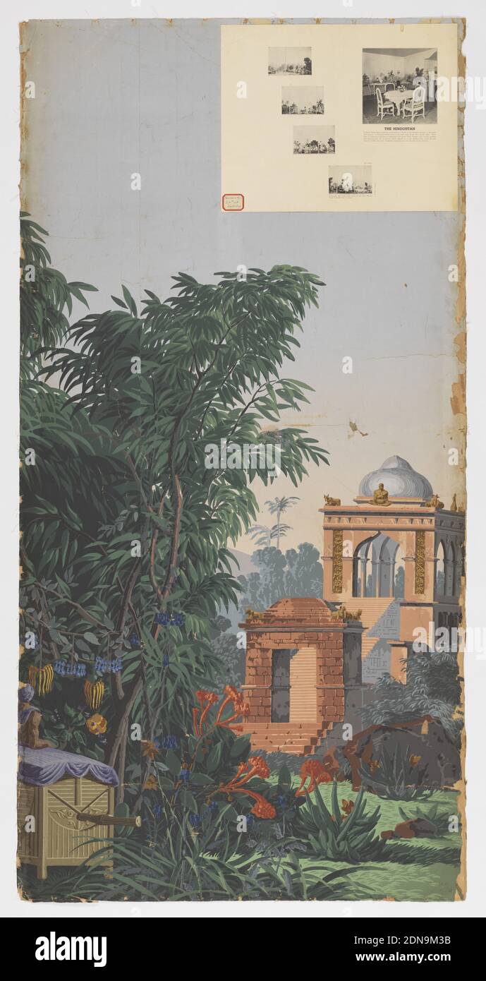 Il Hindoustan, Pierre-Antoine Mongin, francese, carta stampata a blocchi, supporto di tela, a sinistra, un palanquin o un carrello a mano poggiato a terra. A destra, sfondo, una vista di una spianata a Calcutta, con scalini che conducono ad un tempio. Due strisce di un set di 20., Rixheim, Alsace, Francia, 1807, rivestimenti, pannello panoramico, pannello panoramico Foto Stock