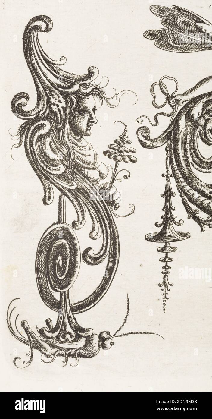 Piastra 28, da Neüw Grotteßken Buch (nuovo libro grottesco), Christoph Jamnitzer, tedesco, 1563 - 1618, incisione su carta, cartouche ornamentale composta da forma auricolare a forma di cartilagine a forma di cuore, sormontata da una figura femmina alata a mezza lunghezza. Su entrambi i lati, forme simili di forma a volute poggiano su una cavalletta, sinistra, e una tartaruga, destra., Germania, 1610, ornamento, Stampa Foto Stock