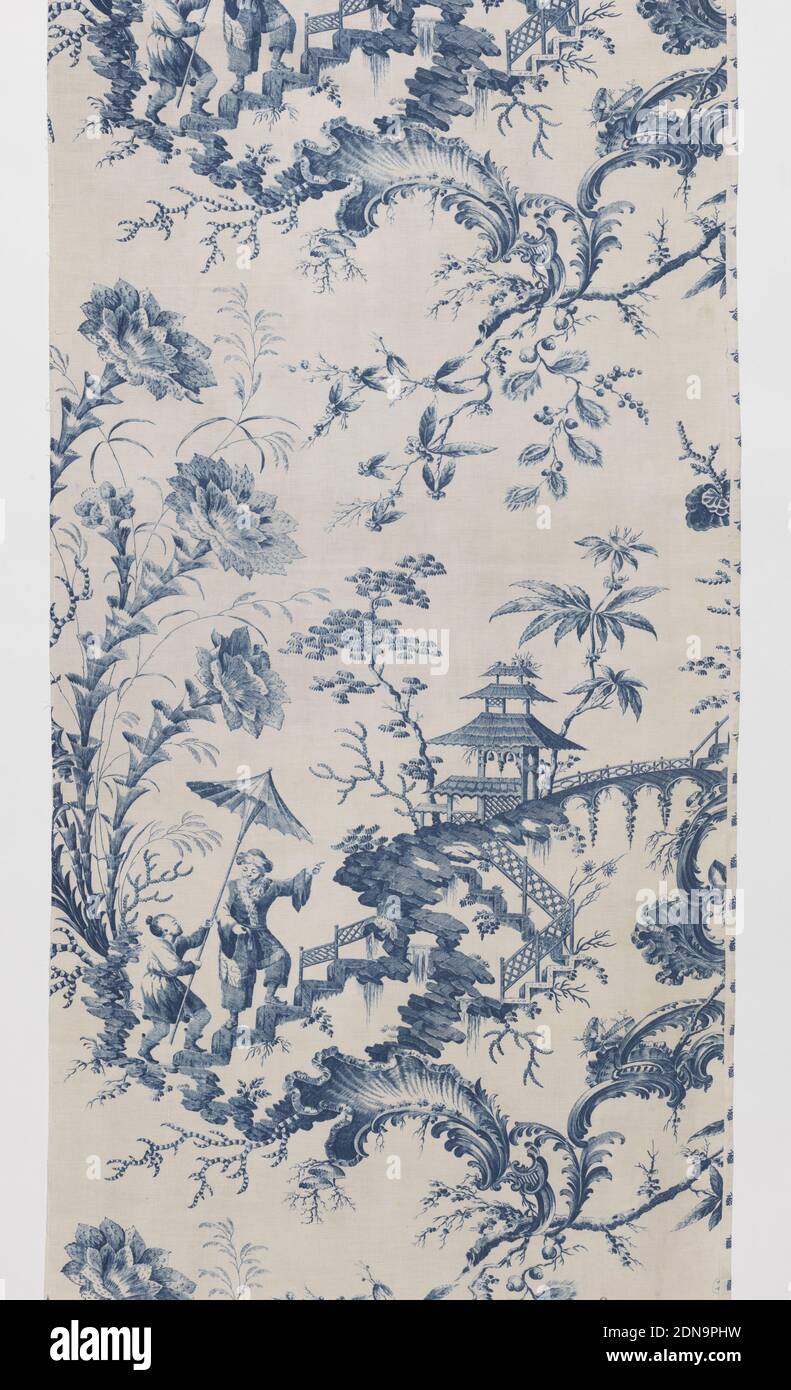 Tenda, Jean-Baptiste Pillement, francese, 1728–1808, Medio: Cotone tecnica: Copperplate stampato su tela tessitura, pannello a tenda bianco stampato in blu con design chinoiserie. Due figure di ispirazione asiatica che arrampicano su una scala fantasy a mezz'aria, una figura che indica la cima di una collina dove si trova una struttura simile a una pagoda. Fiori oversize, foglie e rotolini rococò accentuano il paesaggio. Pannello rettangolare stretto con sei linguette lungo il bordo superiore per la sospensione., 1774–1811, tessuti stampati, tinti e verniciati, Tenda Foto Stock