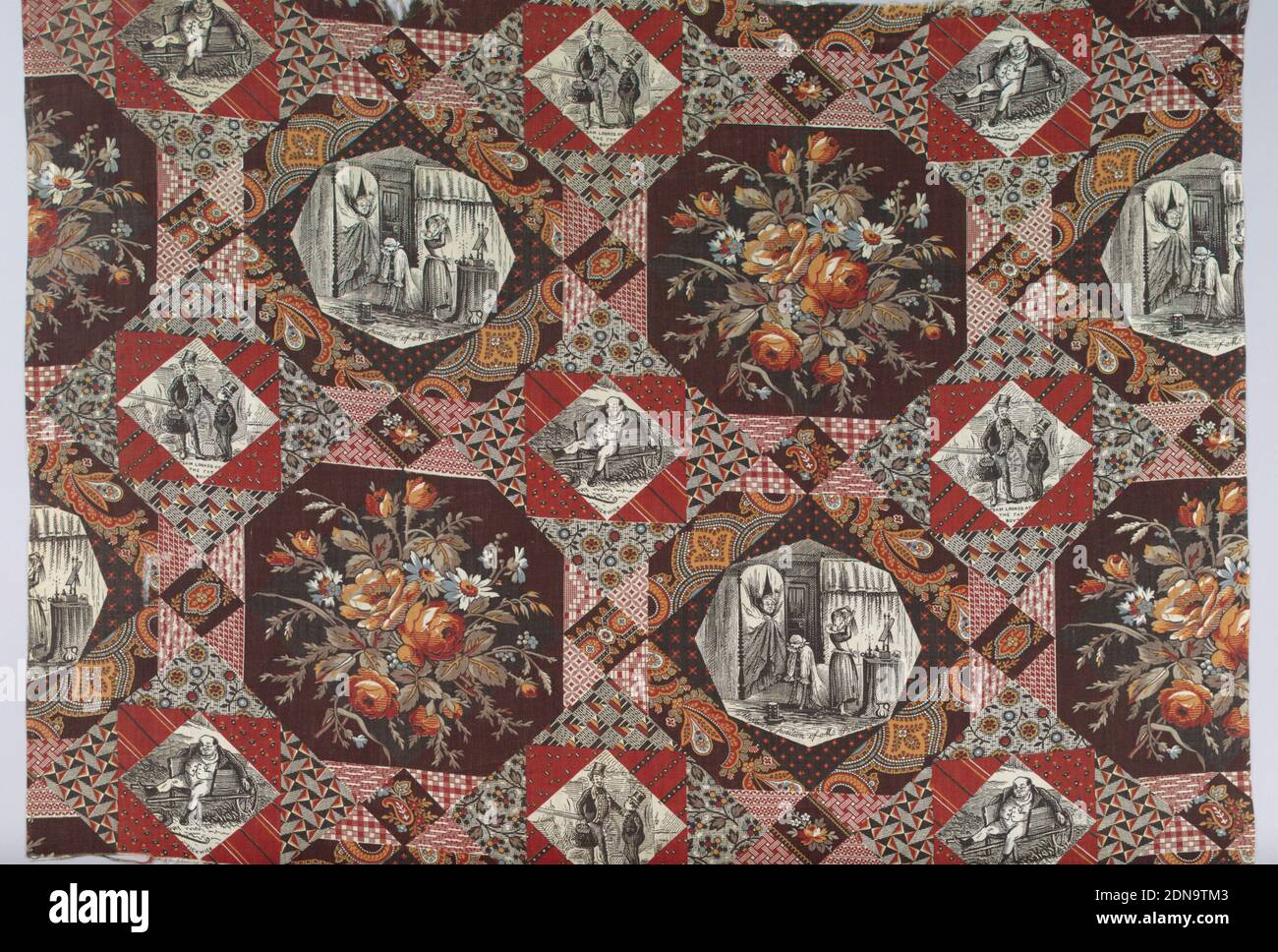 Tessuto, Medio: Cotone tecnica: Stampato da rullo inciso su tessitura piana, lavorazione a mosaico organizzato come reticolo di diamante quadrato. I motivi a metà caduta sono geometrici, floreali in scala ridotta o di tipo paisley. Un medaglione ottagonale contiene un mazzo di fiori. Le scene di Pickwick Papers sono incluse: 'Pickwick', 'Sam guarded at the Fat Boy', e 'allarmante posizione di MR. Pickwick.', Inghilterra, 1875–85, tessuti stampati, tinti e dipinti, tessile Foto Stock