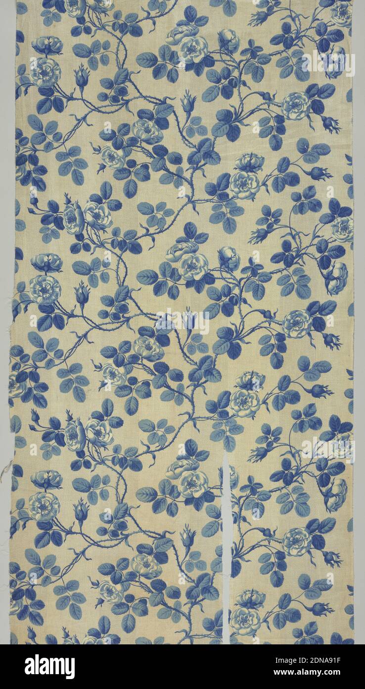 Tessile, Medio: Cotone tecnica: Stampato su lastra di rame incisa su tela tessitura, continuo meandering rosone in blu su fondo grigio speckled. L'unità di ripetizione riempie l'intera larghezza del tessuto. Straight REPEAT., Europa, XIX secolo, tessuti stampati, tinti e dipinti, tessile Foto Stock