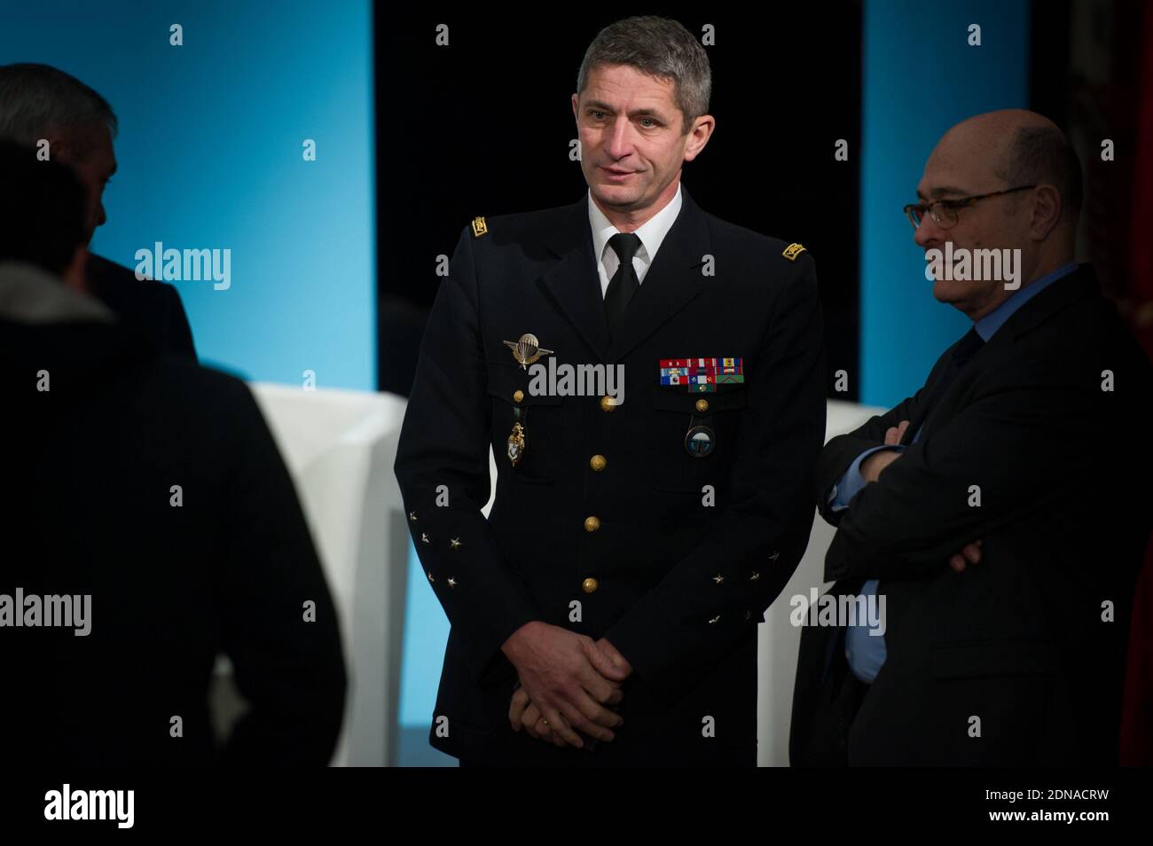 Atmosfera in una conferenza stampa per svelare un pacchetto di nuove misure antiterrorismo in vista di una riunione del consiglio di difesa al palazzo presidenziale Elysee a Parigi, in Francia, il 21 gennaio 2015. Foto di Thierry Orban/ABACAPRESS.COM Foto Stock