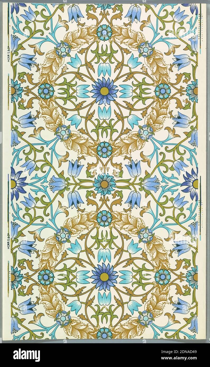 Vine, William Morris, (inglese, 1834–1896), Arthur Sanderson & Sons, Ltd., (Londra, fondata nel 1860), carta stampata a blocchi, a) "Vine" stampata in blu, lavanda e verde. Stampato da nove blocchi di legno; b) 'la corona' stampato in tan, due tonalità di blu e verde. Disegno floreale per soffitto; d) 'Net soffitto' stampato in due tonalità di grigio-blu, grigio-chartreuse. Forme piatte di fiori e foglie provenienti dal quatrefoil centrale., Londra, Inghilterra, 1873, Wallcoverings, fianco, fianco Foto Stock