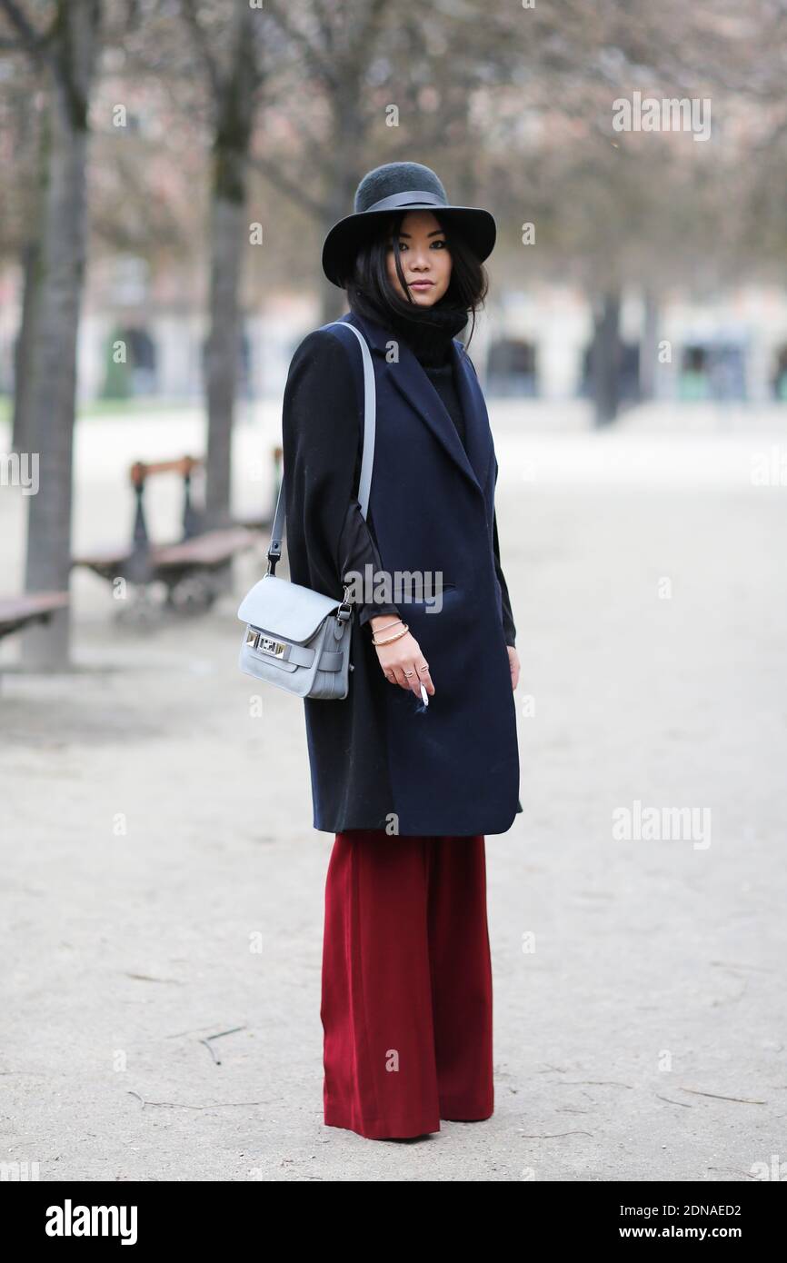 Street Style, Grace in arrivo a Christophe Lemaire autunno-inverno 2015-2016  mostra di abbigliamento maschile, tenuto a Place des Vosges, Parigi,  Francia il 21 gennaio 2015. Indossa cappello Hermes, cappotto DKNY,  pantaloni Zara.