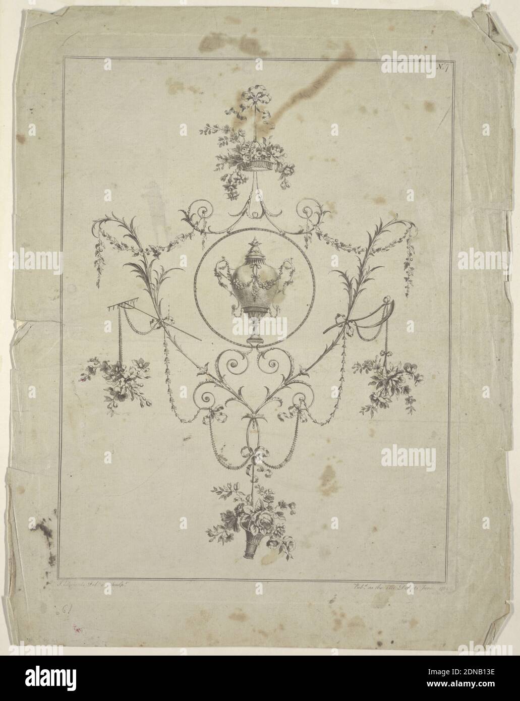 Ornamento, John Edwards, Aquatint, n. 7 di un set. Un medaglione circolare con un'urna è circondato da motivi floreali. I cestelli del fiore sono sospesi dalle staffe sulla parte superiore e sul fondo e i rami del fiore dagli attrezzi agricoli lateralmente. Angolo in alto a destra: N. 7. Due linee di inquadratura. Margine inferiore: J. Edwards del. Et sculpt; Pub,d come l'Arte dirige Giugno 1784, Inghilterra, 1784, ornamento, Stampa Foto Stock