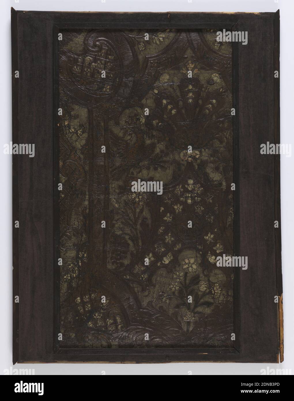 Sidewall, Leather, stamped, embossed, silvered, varnished,, Smaller portion of a slightly larger panel, in varnished silver, blue and green. Cartouche framework with scrollwork, fruit, flowers, trellis work and confronted birds., Flanders, ca. 1700, Wallcoverings, Sidewall Foto Stock