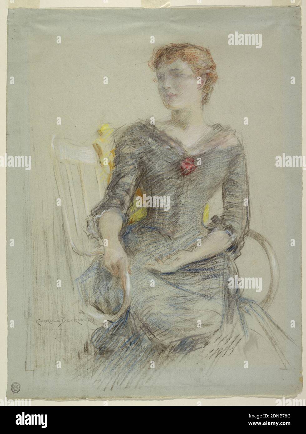 Ritratto, J. Carroll Beckwith, americano, 1852–1917, pastello pastello su carta grigia, ritratto di tre quarti di lunghezza di una figura femminile seduta con un vestito blu., USA, ca. 1887, figure, disegno Foto Stock