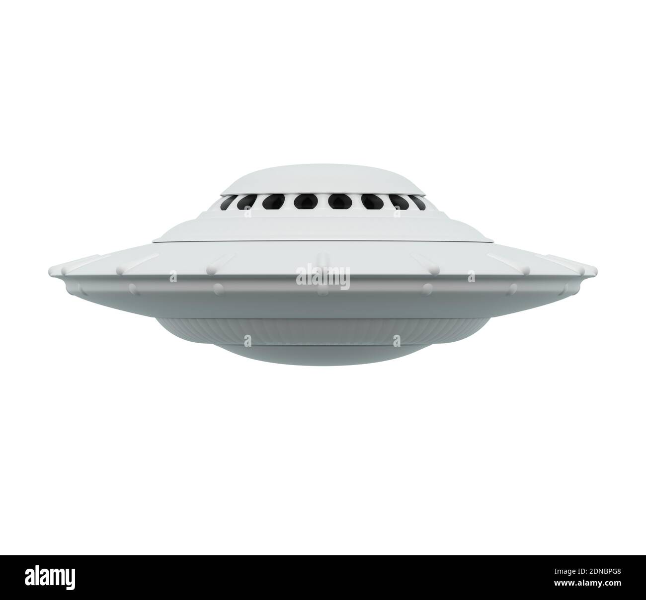 Oggetto volante non identificato su sfondo bianco. UFO con tracciato di ritaglio incluso. Illustrazione 3D. Foto Stock
