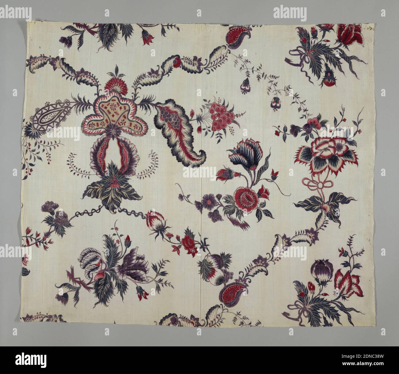 Chintz, mezzo: Cotone tecnica: Maledenti (per nero, viola, marrone e 2 rossi, compresa la madder) e colorante (giallo) applicato a pennello o a penna; blu applicato a pennello su resist; Chintz su tessitura piana, reticolo di diamante molto sciolto composto da viti e frutti fioriti, in nero, marrone, blu, viola, rosso, e rosa su un terreno bianco., India, 18 ° secolo, stampato, tinto & verniciato tessuti, chintz Foto Stock