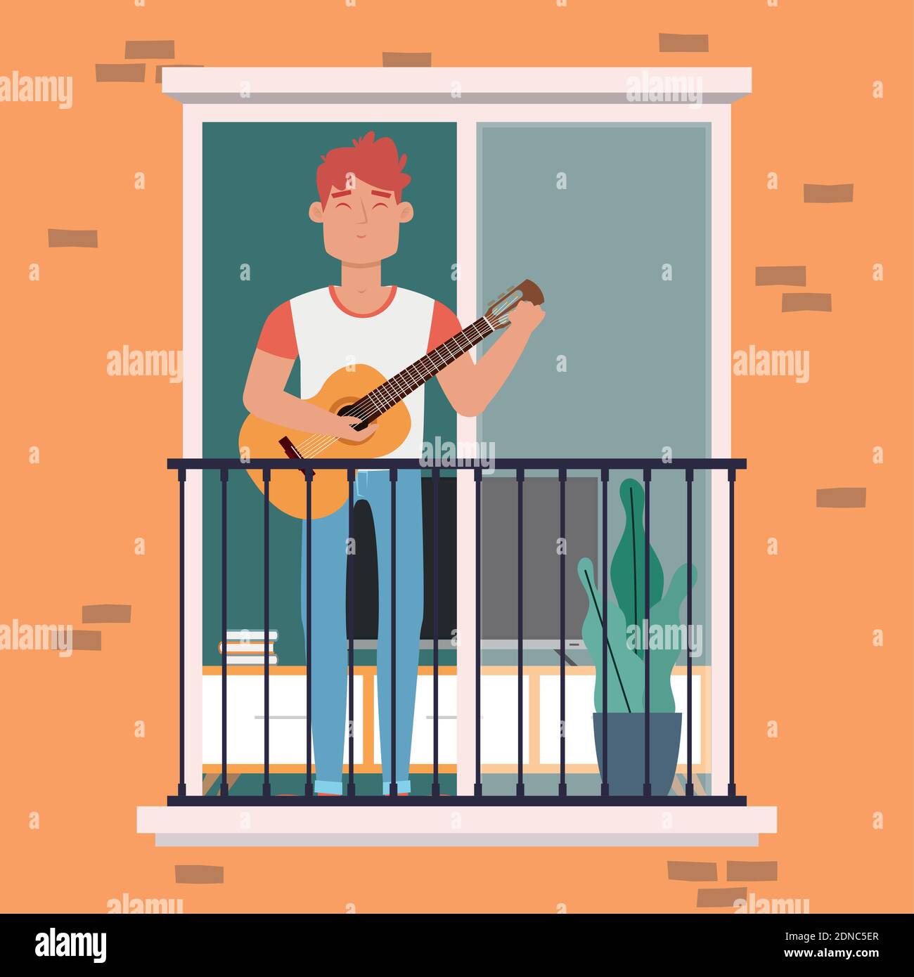 Uomo in balcone con chitarra hygge stile design ilustration - Vettore Illustrazione Vettoriale