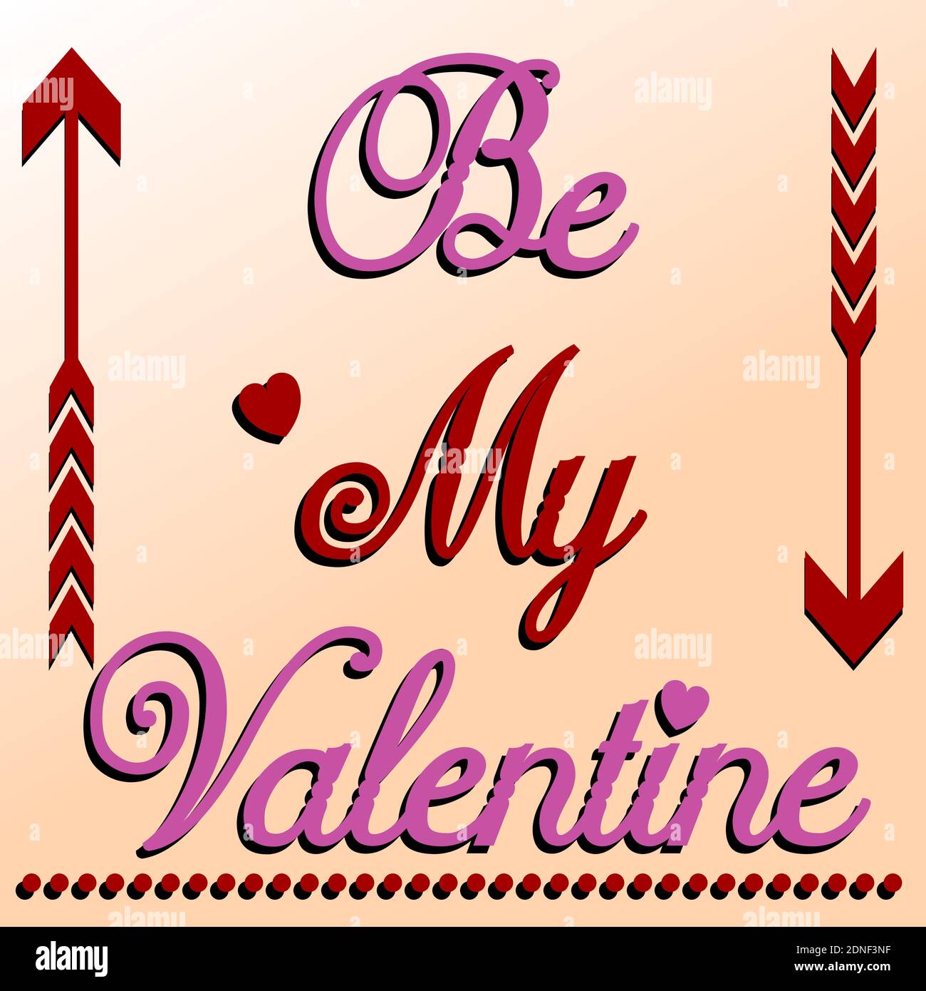 Sia la mia illustrazione della cartolina di San Valentino. Biglietto giornaliero di San Valentino con frecce. Colori rosa e rosso su sfondo sfumato arancione per biglietto d'auguri, stampa, Foto Stock