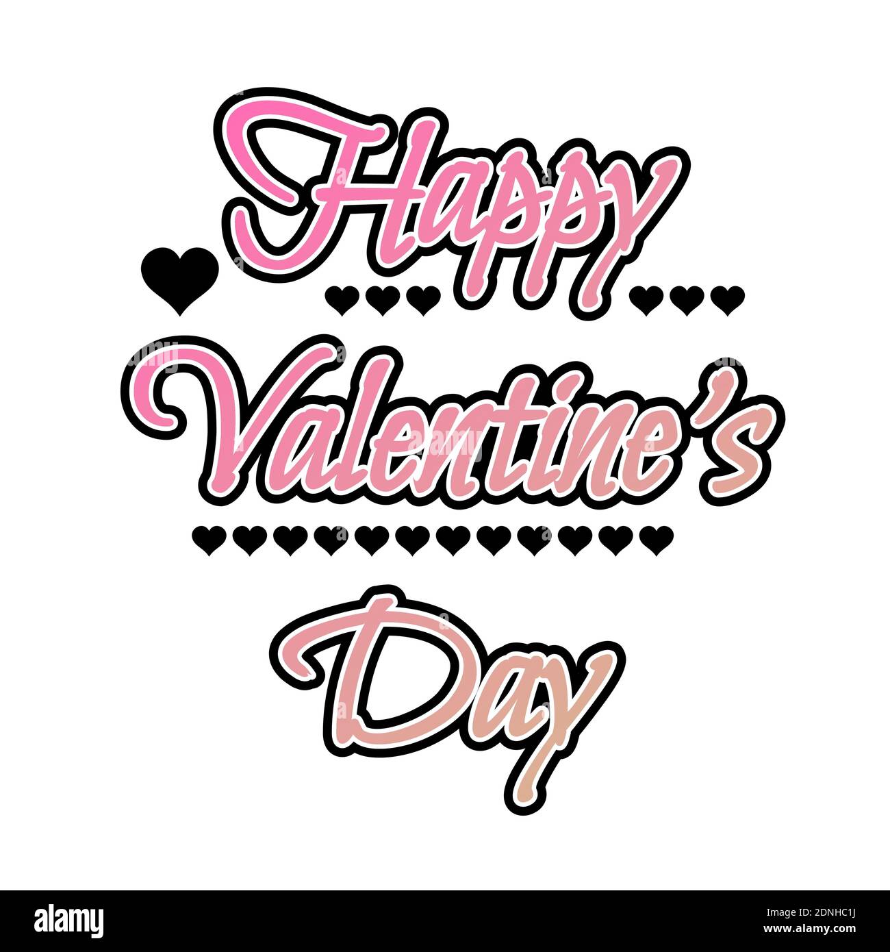 Un design molto creativo di felice valentines giorno arte in colore rosa e bianco. Bel testo disegno sfondo illustrazione con cuori neri. Foto Stock
