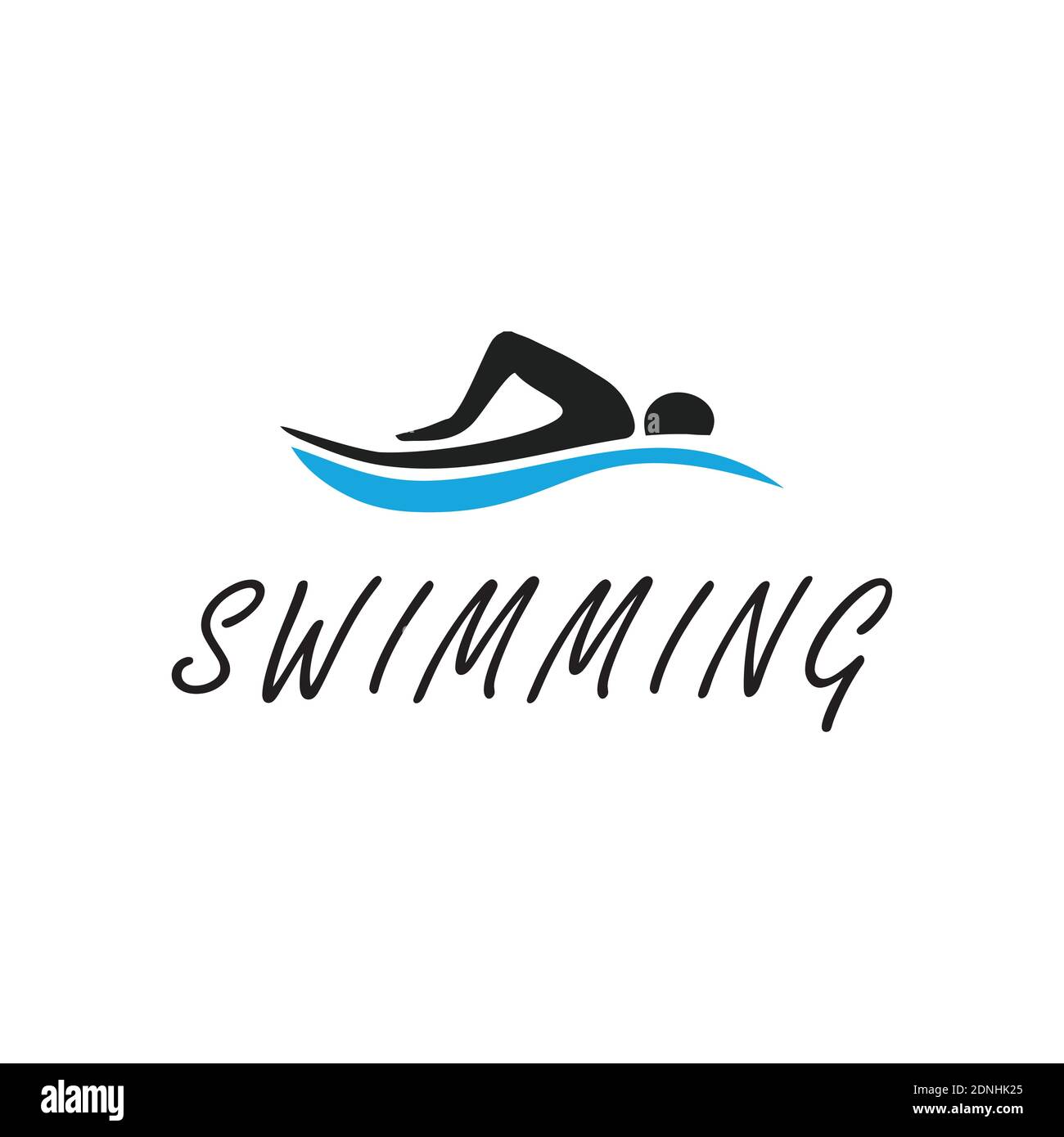 Simbolo dell'icona Logo blu per il nuoto con silhouette astratta dell'uomo. Illustrazione Vettoriale