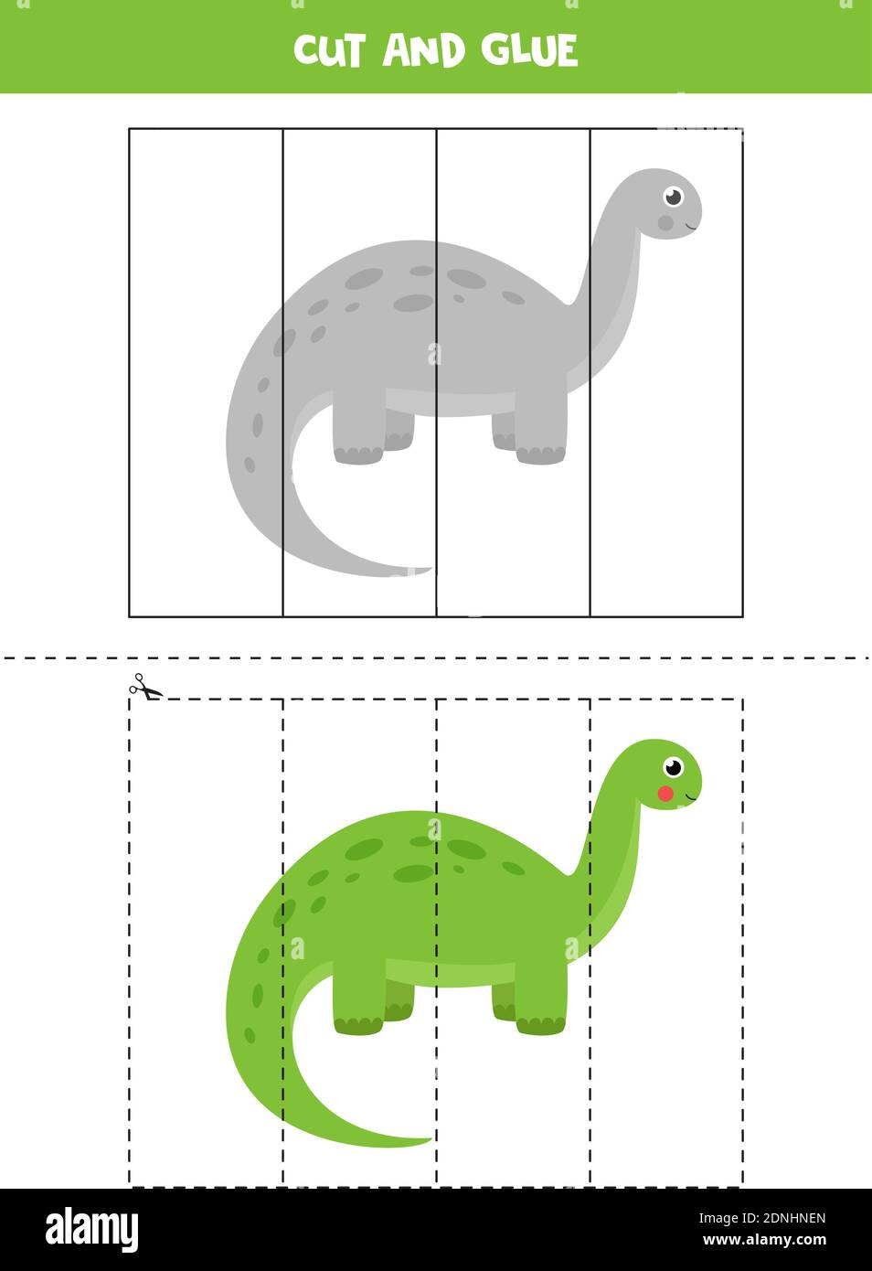 Taglia e colla gioco per bambini. Simpatico dinosauro verde. Pratica di taglio per i preschoolers. Foglio di lavoro didattico per bambini. Illustrazione Vettoriale