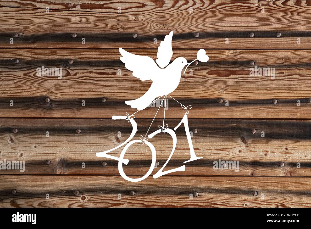 Una colomba bianca porta il numero '2021' su un legno sfondo Foto Stock