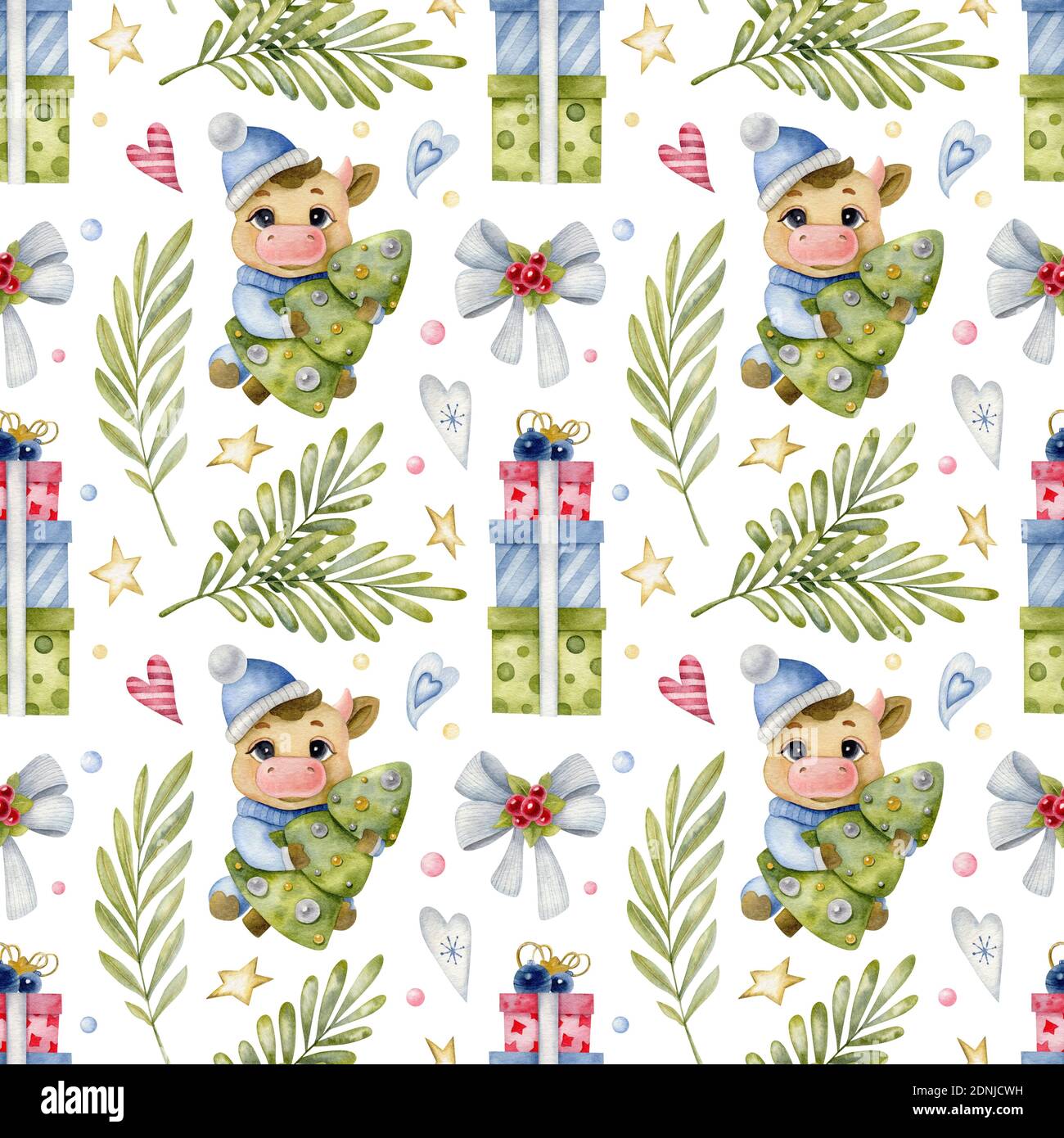 Acquerello Natale senza giunture con albero di Natale, vitello, regalo, ramo, e cuore. Immagine festiva con acquerello su sfondo chiaro. Foto Stock