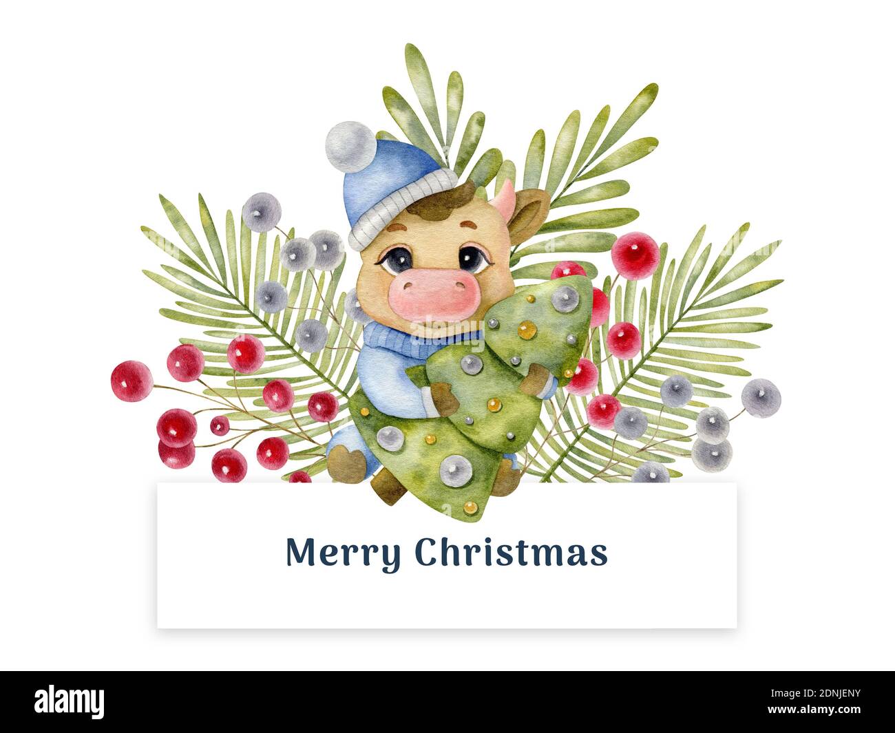 Cartolina di Natale acquerello con vitello, albero di Natale e decorazione. Immagine acquerello su sfondo chiaro. Foto Stock