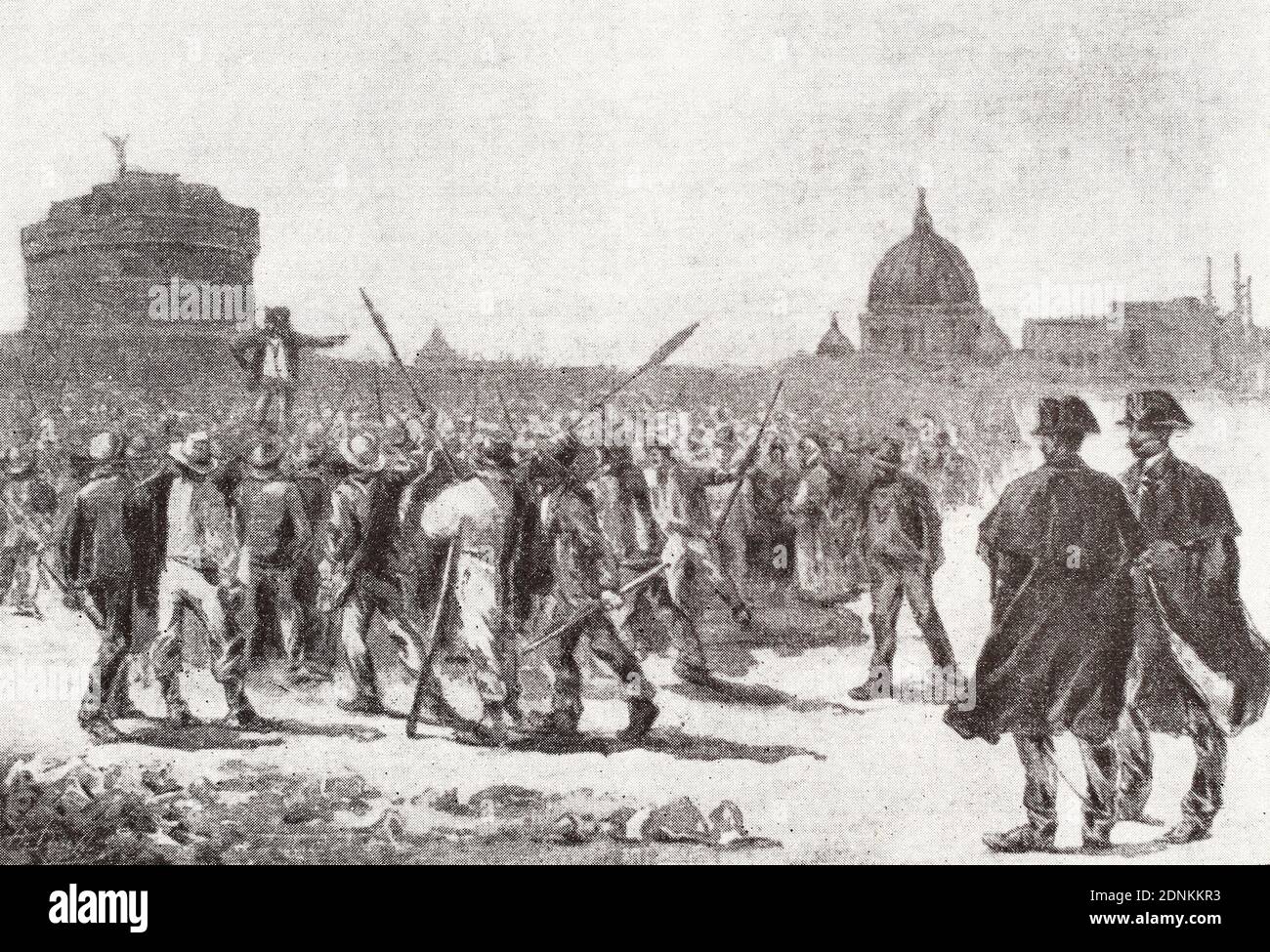 Rally dei disoccupati a Prati di Castello a Roma. Incisione 1889. Foto Stock