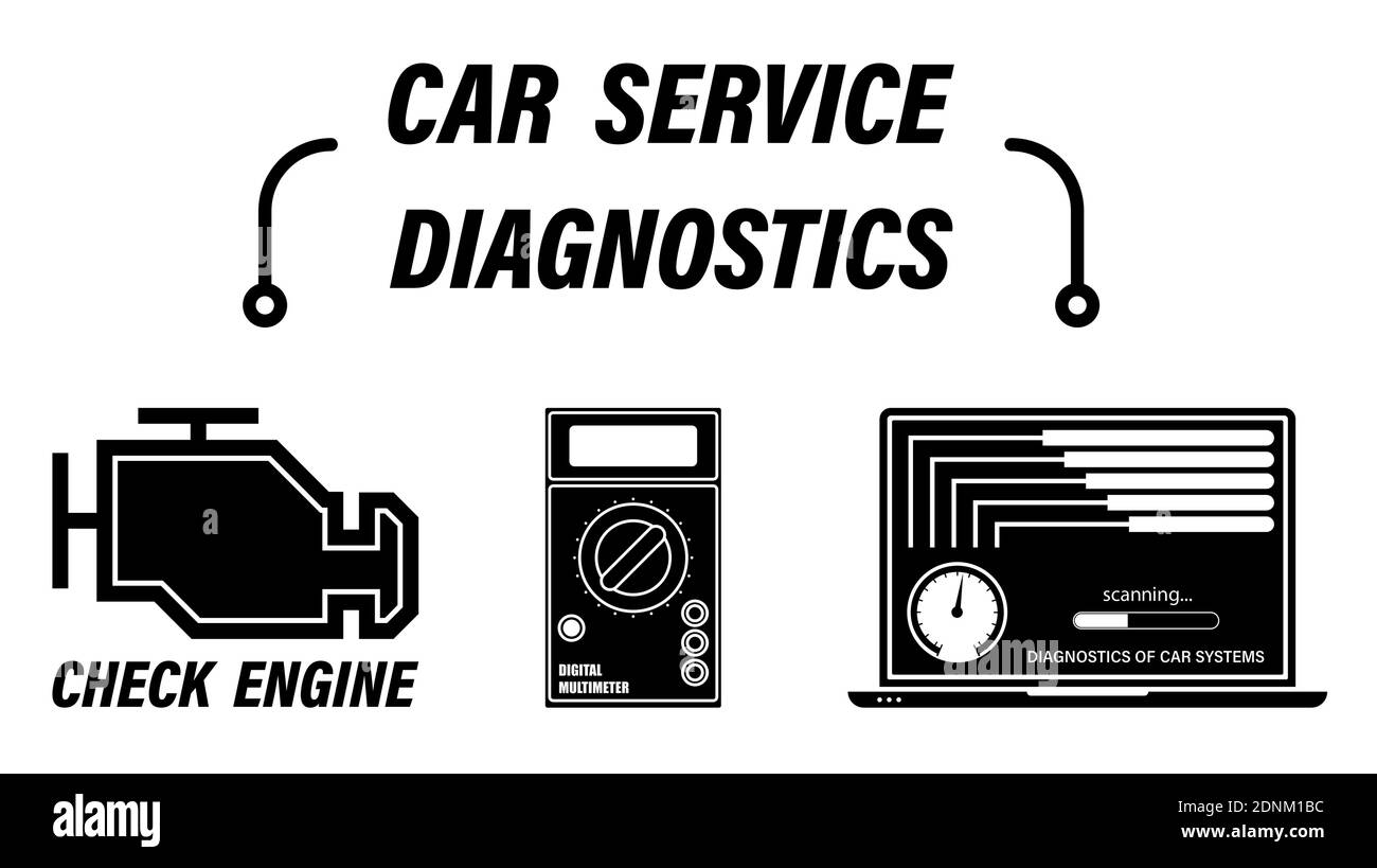 Infografiche, servizio di riparazione. Diagnosi del funzionamento del veicolo da parte del computer, controllo del livello di carica della batteria del veicolo con un tester, multimetro digitale. Set di vet Illustrazione Vettoriale