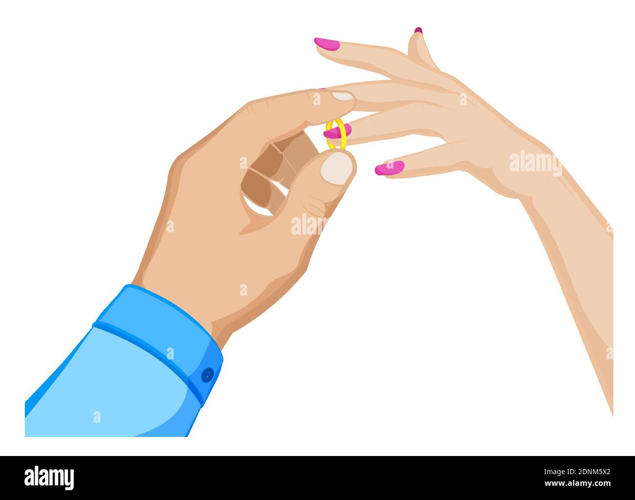 l'uomo mette un anello di nozze su un dito di womans. Matrimonio, famiglia, cerimonia nuziale. Vettore cartoon su sfondo bianco Illustrazione Vettoriale