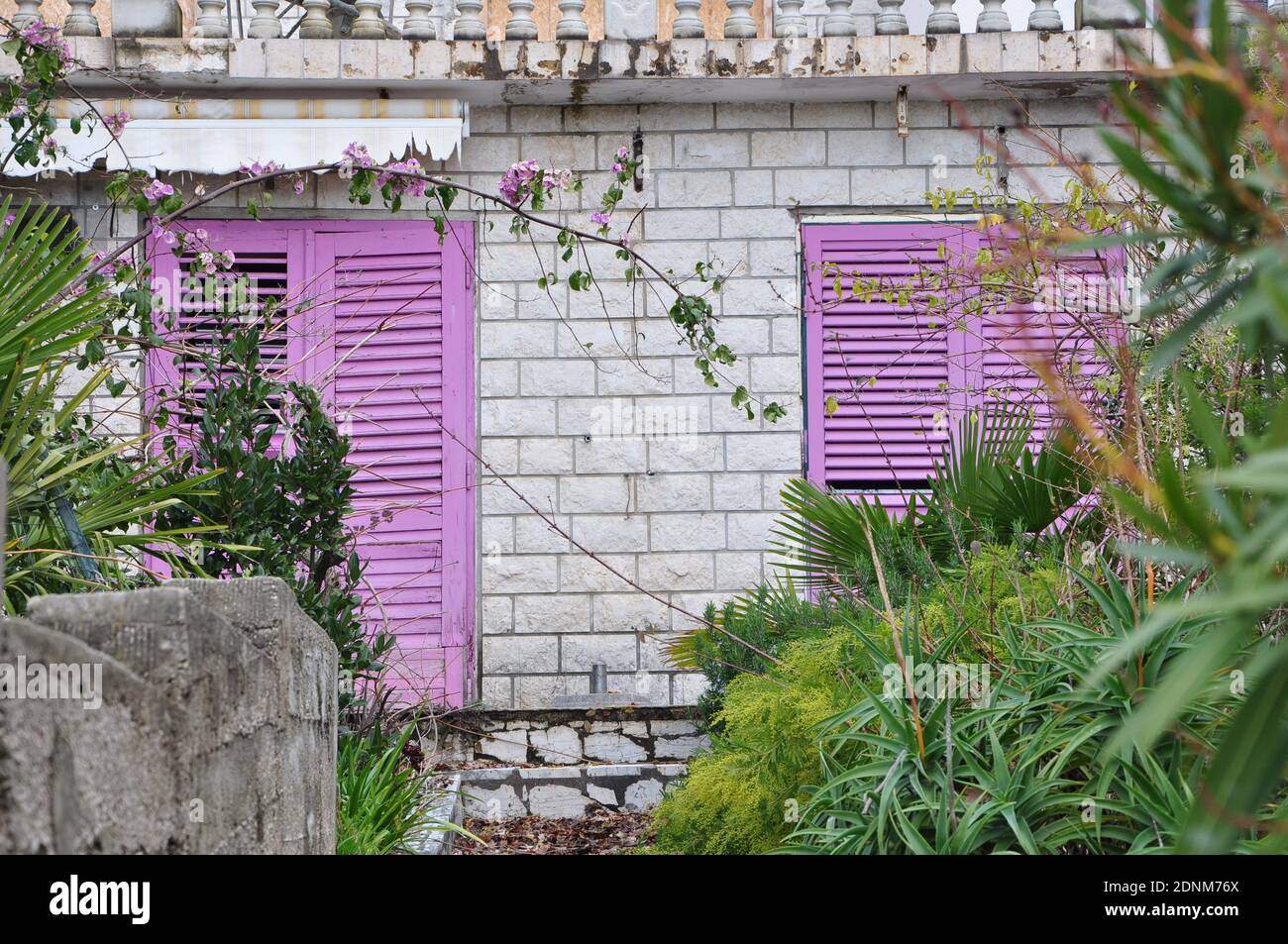 Persiane viola chiuse su casa di pietra sulla riviera Croata. Foto Stock