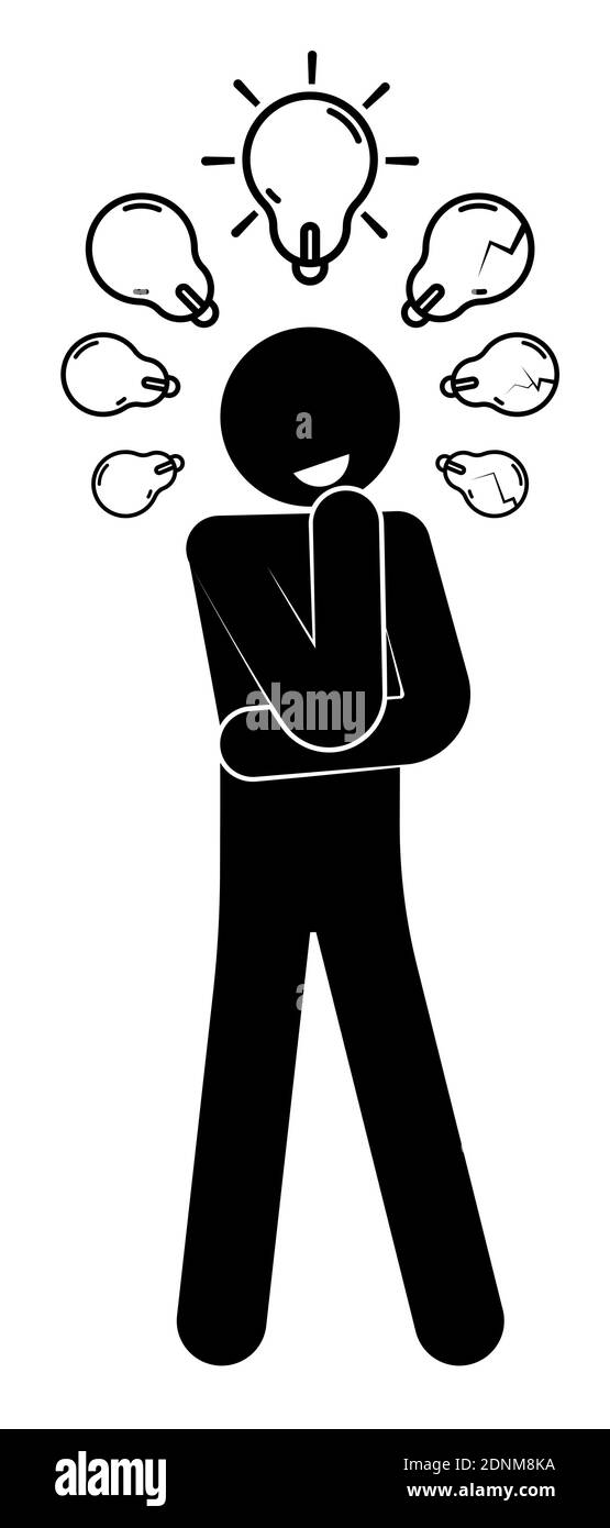 bastone figurine, l'uomo si leva in piedi nel pensiero, alla ricerca di una soluzione creativa. Le lampadine simbolo delle idee volano in alto. Una lampadina rotta è una cattiva idea. Fare Illustrazione Vettoriale