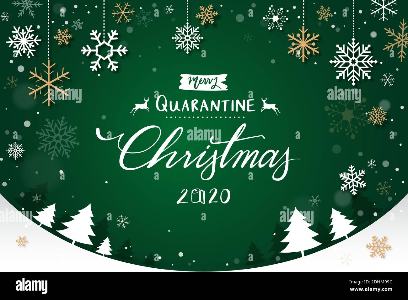 Merry quarantena Natale 2020 testo su sfondo verde con fiocchi di neve E alberi di Natale Illustrazione Vettoriale