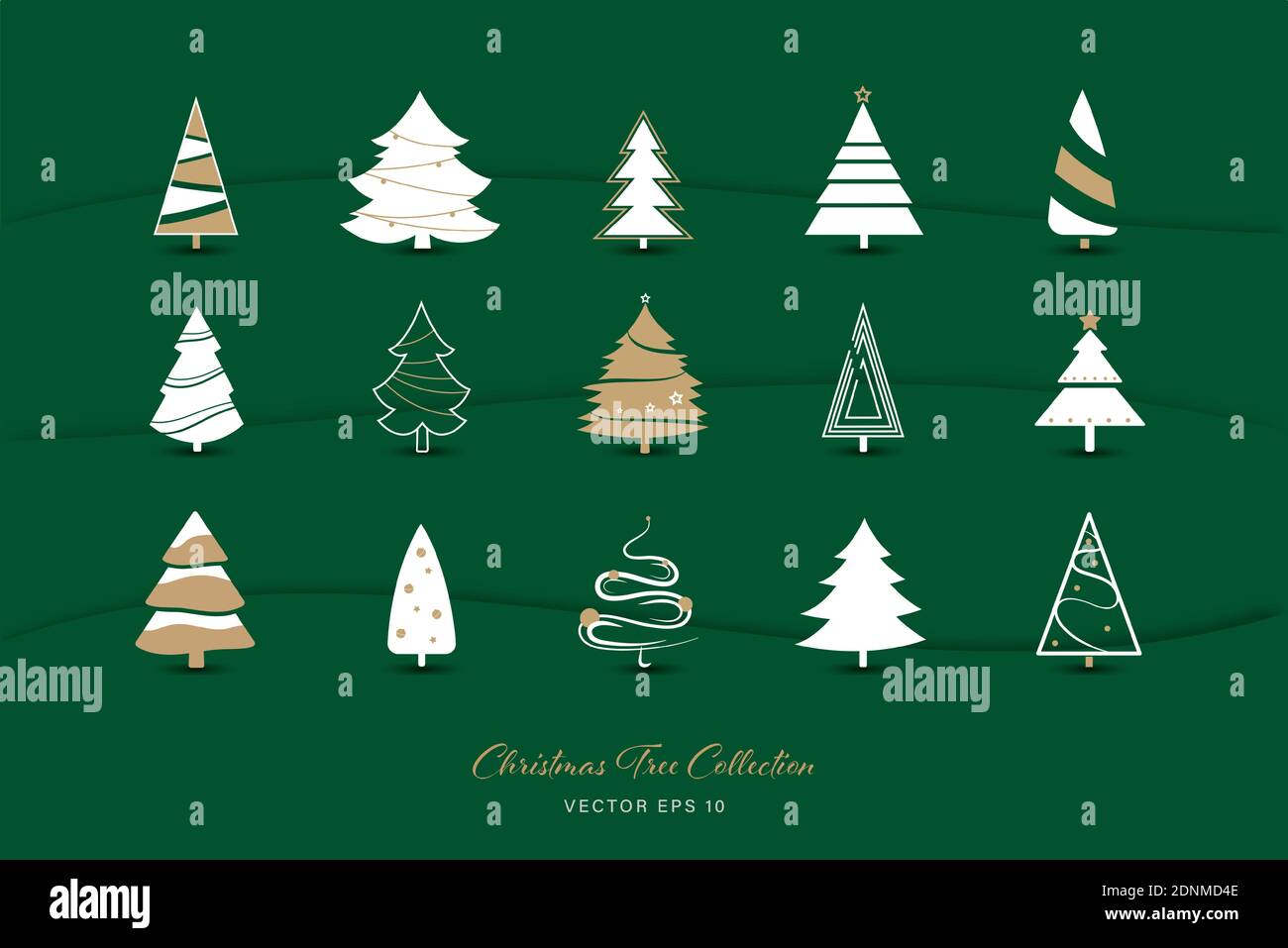 Moderno albero di Natale icona set di 15 disegni su verde sfondo a colori Illustrazione Vettoriale