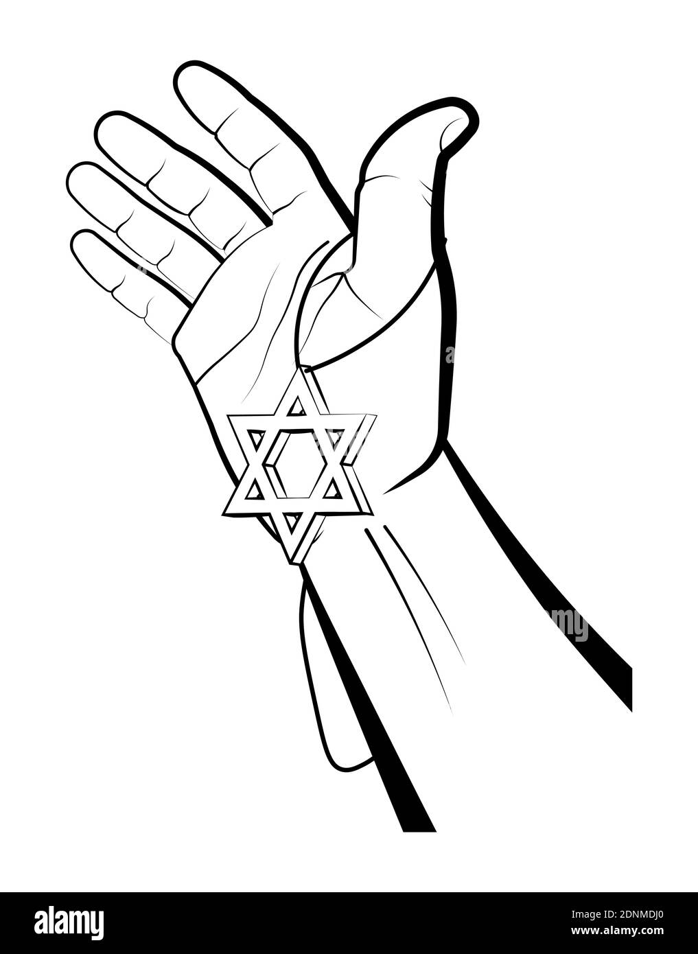 La mano maschio tiene il portachiavi Star of David. Simbolo di Israele. Giudaismo. Celebrazione Hanukkah, Festival delle luci. Vettore Illustrazione Vettoriale
