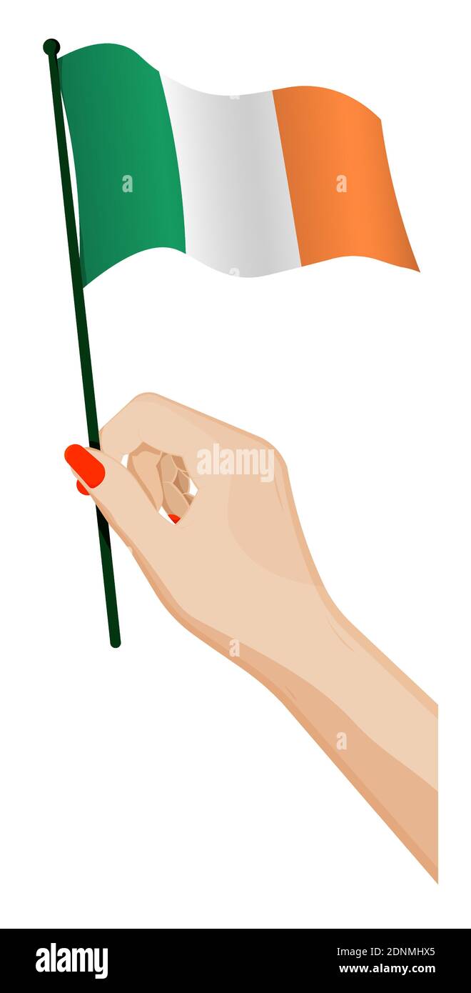 Female hand gently holds small irish flag. Holiday design element. Cartoon vector on white background Illustrazione Vettoriale