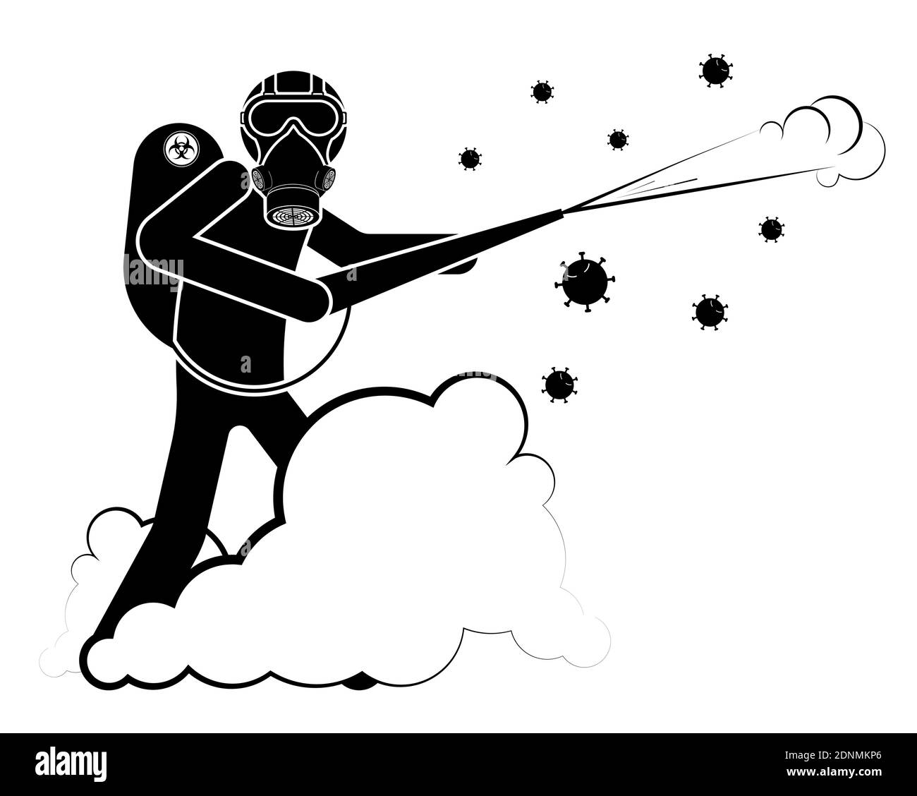 bastone uomo, disinfettante combatte virus e infezioni in tuta protettiva e respiratore. Prevenzione della diffusione della malattia. Vettore isolato Illustrazione Vettoriale bastone uomo, disinfettante combatte virus e infezioni in tuta protettiva e respiratore. Prevenzione della diffusione della malattia. Vettore isolato Illustrazione Vettoriale