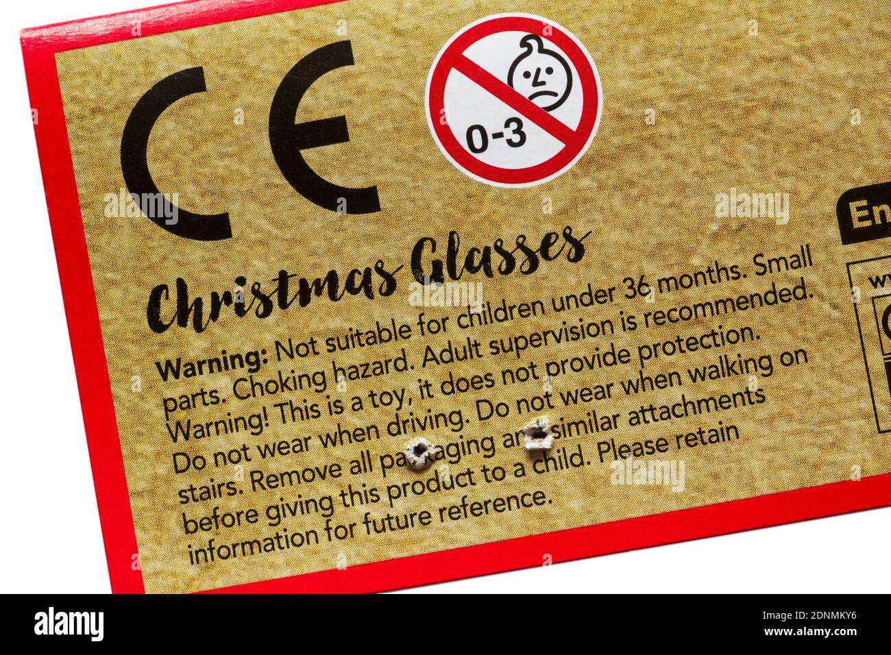 Messaggio di avvertenza e simbolo del marchio CE sulla confezione Di occhiali di Natale Wilko Foto Stock