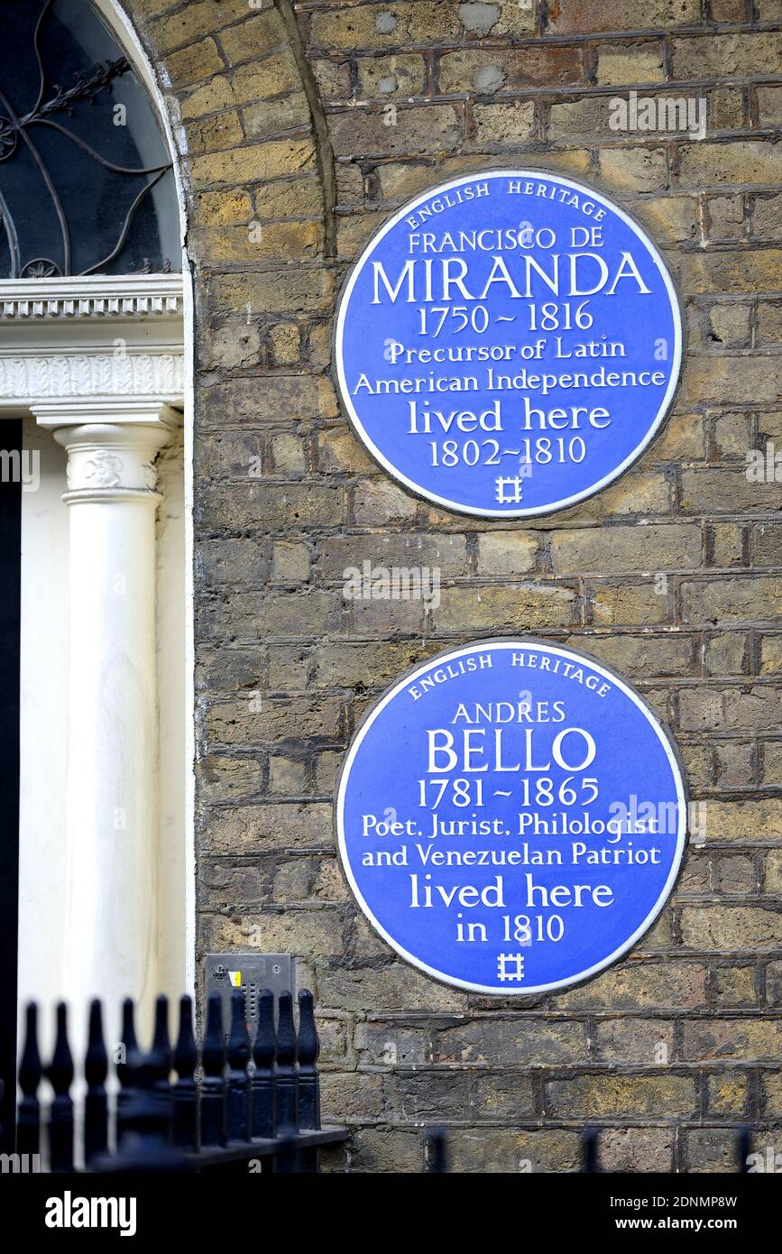 Londra, Regno Unito. Targhe commemorative a 58 Grafton Way: Francisco De Miranda 1750-1816 e Andres bello 1781-1865... Foto Stock