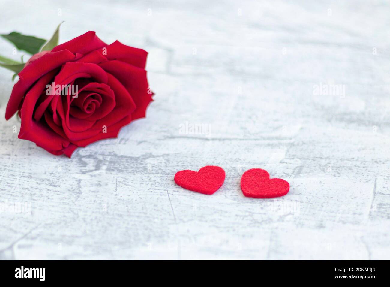 Due cuori rossi e rosa rossa su sfondo bianco di pietra. Regalo romantico per San Valentino. Amore. Messa a fuoco morbida. Spazio di copia. Vista dall'alto Foto Stock