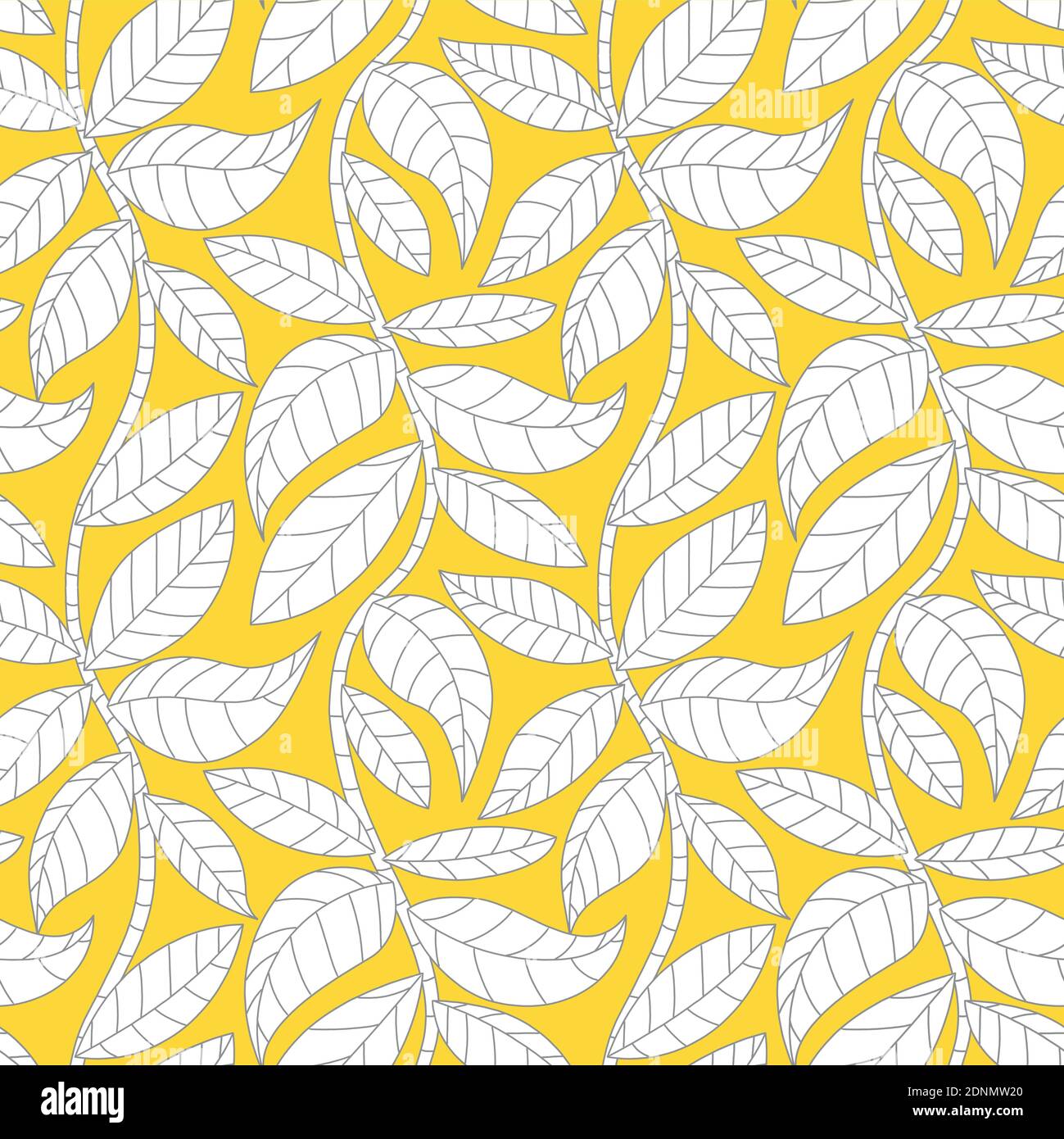 Seamless vector pattern with simple leaves on branches in ultimate gray and illuminating yellow. Vibrant nature wallpaper background. Illustrazione Vettoriale