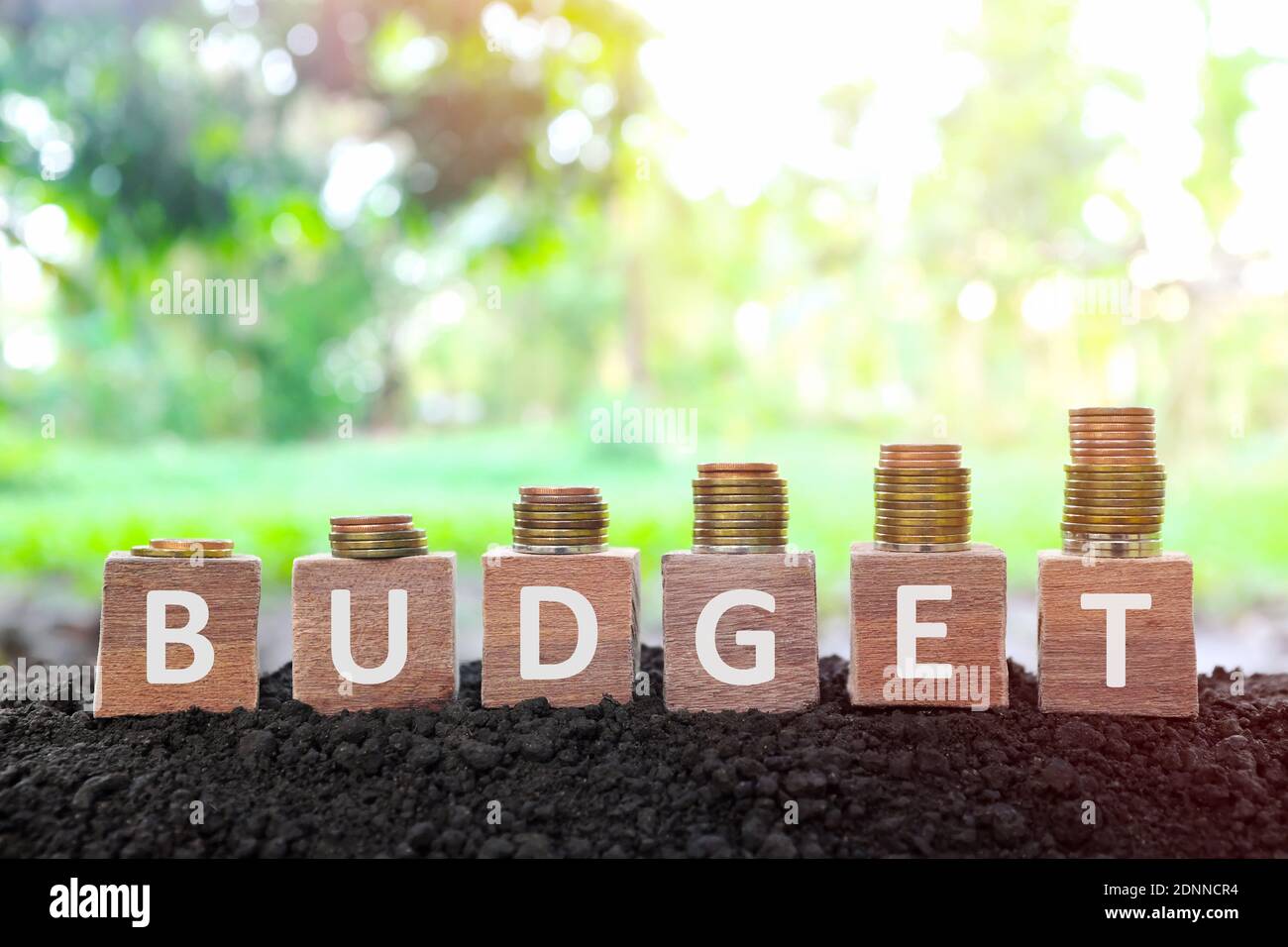 Aumento del concetto di budget. Blocchi di legno con pila crescente di monete su sfondo naturale. Foto Stock
