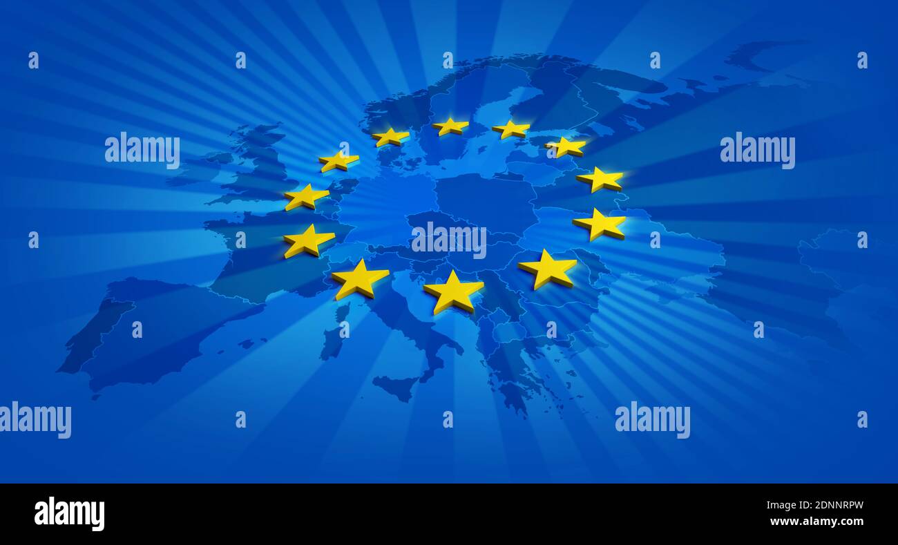 Bandiera blu dell'Europa e stelle gialle con mappa dell'Unione europea Interno - illustrazione 3D Foto Stock