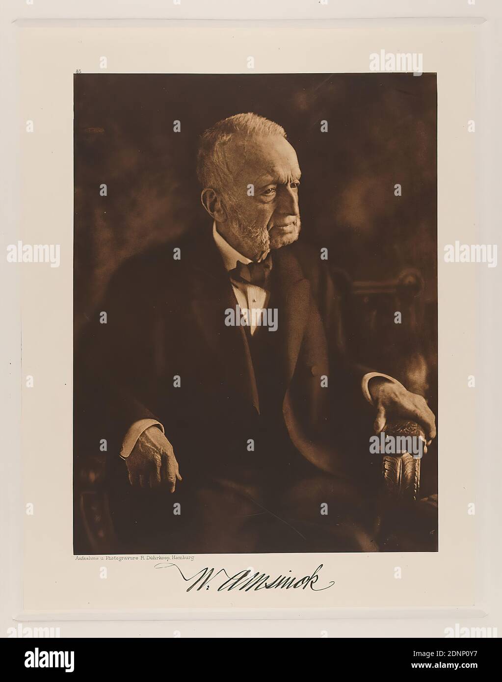 Rudolph Dührkoop, Wilhelm Amsinck i. F. Johs Schuback & Söhne dal portafoglio Hamburgische Männer und Frauen am Anfang des XX. Jahrhunderts, Staatliche Landesbildstelle Hamburg, collezione sulla storia della fotografia, della carta, dell'eliocalcografia, dimensioni immagine: Altezza: 21,60 cm; larghezza: 16,40 cm, segno: Recto sotto l'immagine: Firma a vista del sitter, iscrizione: Recto: Inciso sulla lastra da stampa, sotto l'immagine: Fotografia e fotografia R. Dührkoop, Amburgo, in alto a sinistra sopra la foto 85; In alto a destra nell'angolo indicato in lead:30, timbro: Recto: Aggiunta manoscritta: INV.Nr. E riferimento Foto Stock