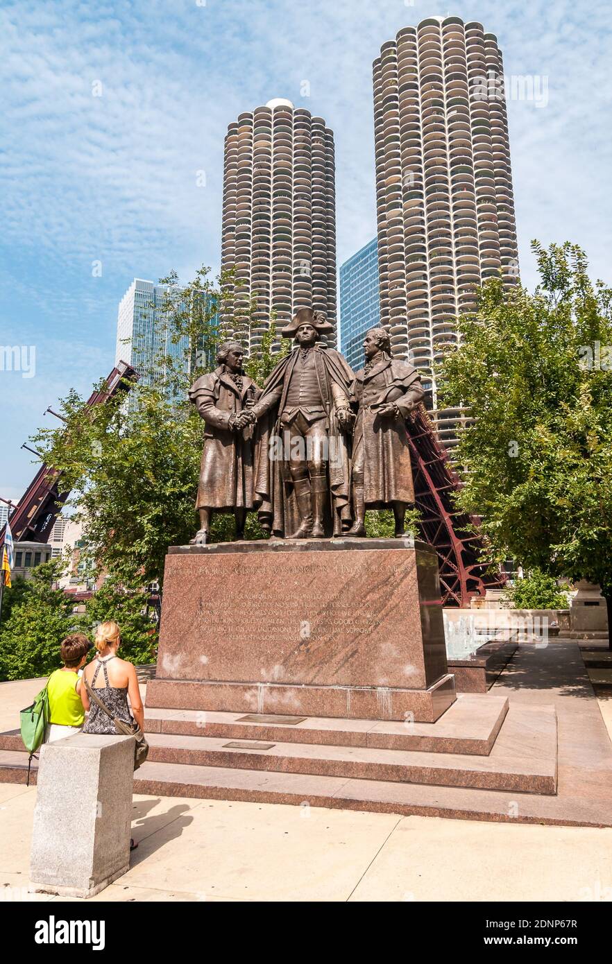 Heald Square Monument nel centro di Chicago, raffigura il generale George Washington e i finanziatori della Rivoluzione americana, Robert Morris e Haym Salo Foto Stock