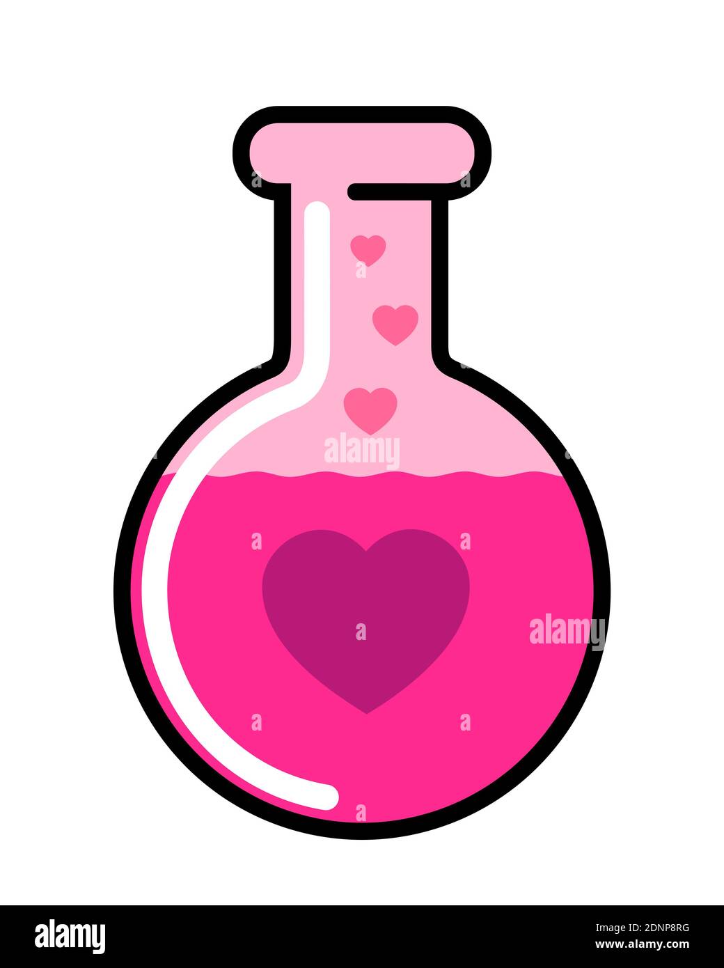 Pozione d'amore - sostanza liquida alchemica e bevanda per affetto, emozione romantica e innamorarsi. Illustrazione vettoriale isolata in bianco. Foto Stock