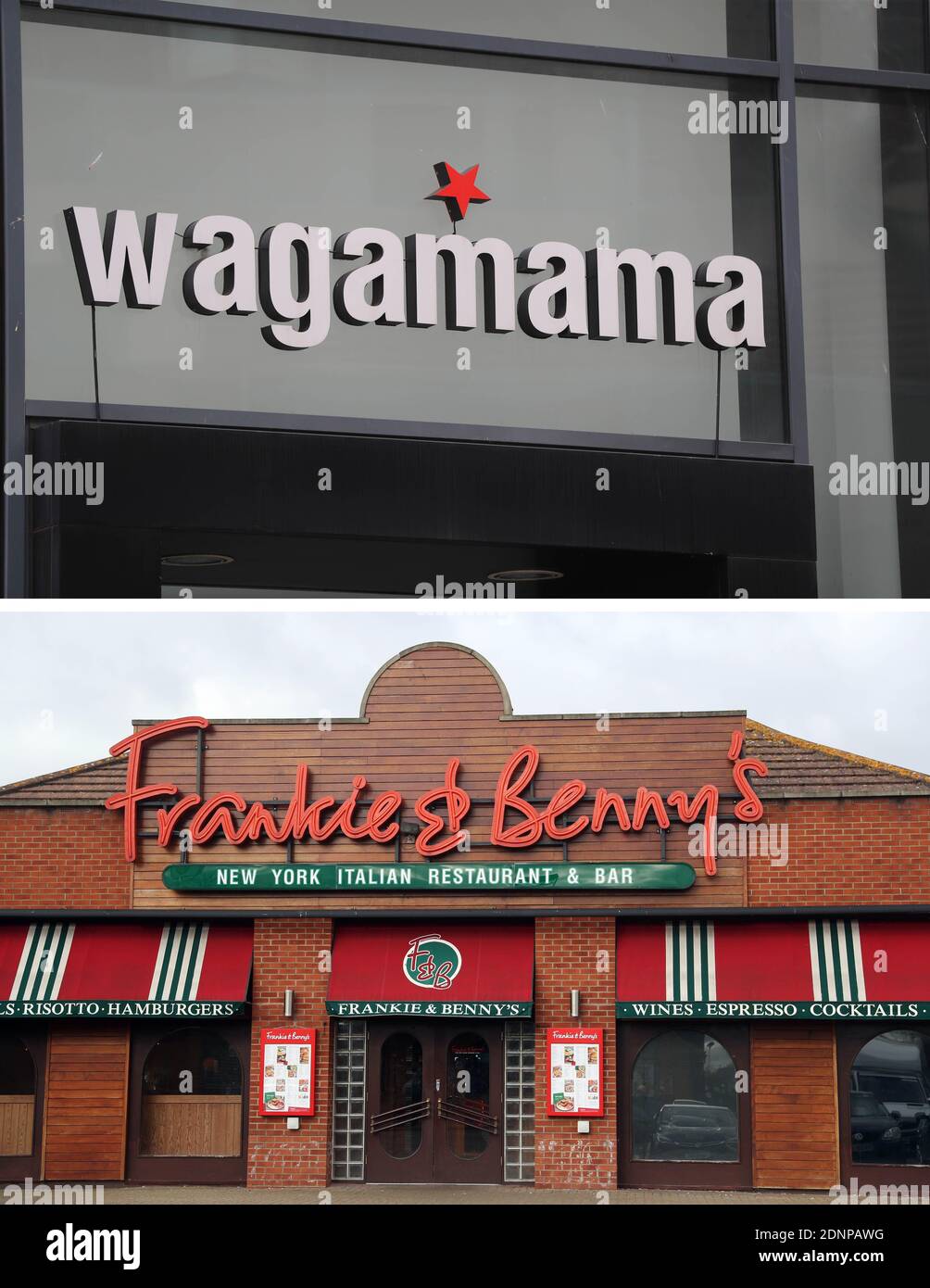 Composto di (sopra) file foto datata 04/07/20 del ristorante Wagamama a Leicester di Mike Egerton e (sotto) file foto datata 26/02/20 di un ristorante Frankie e Benny a Feltham di Andrew Matthews. Il proprietario di Wagamama e Frankie & Benny il gruppo del ristorante (TRG) ha detto che il secondo blocco inglese in novembre ha costato all'azienda £15 milioni, poichè è stato costretto a chiudere le porte dei relativi luoghi. Foto Stock