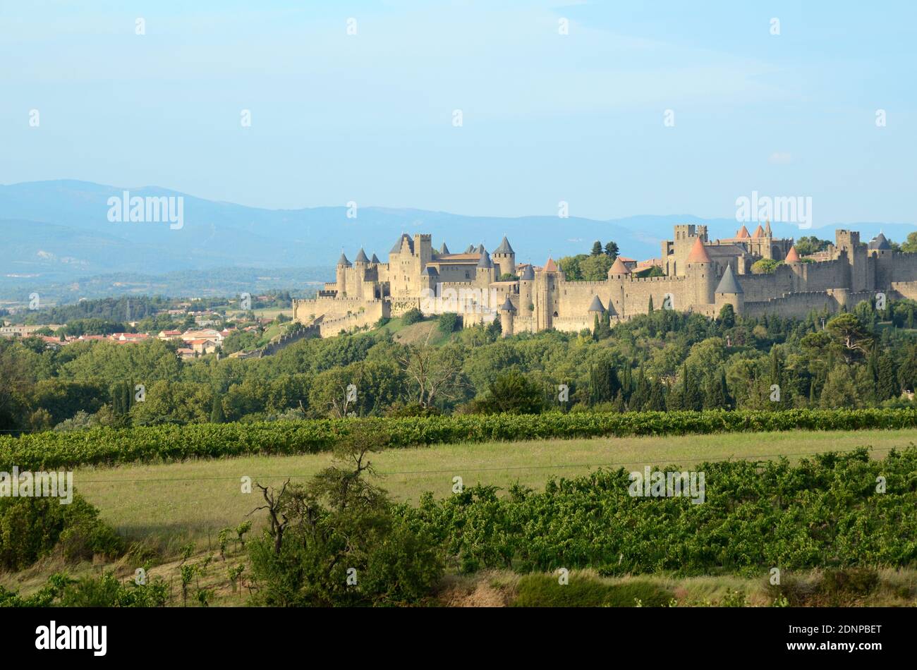 Vista in lontananza delle mura della Fortificata storica Città di Carcassonne nel dipartimento dell'Aude Occitanie Francia Foto Stock