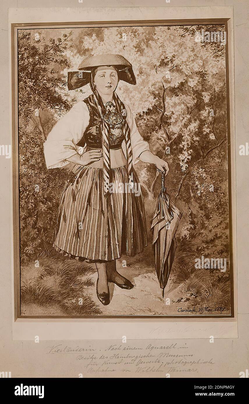 Wilhelm Weimar, Vierländerin - basato su un acquerello di proprietà del Museo di Hamburgisches für Kunst und Gewerbe, carta albumina, processo positivo in bianco e nero, dimensioni immagine: Altezza: 19.00 cm; larghezza: 12.90 cm, titolo recto e: Fotografia di Wilhelm Weimar. Nel dipinto riprodotto: Curslack, 10 maggio 1887, pittura, donna, costume popolare, costume regionale Foto Stock