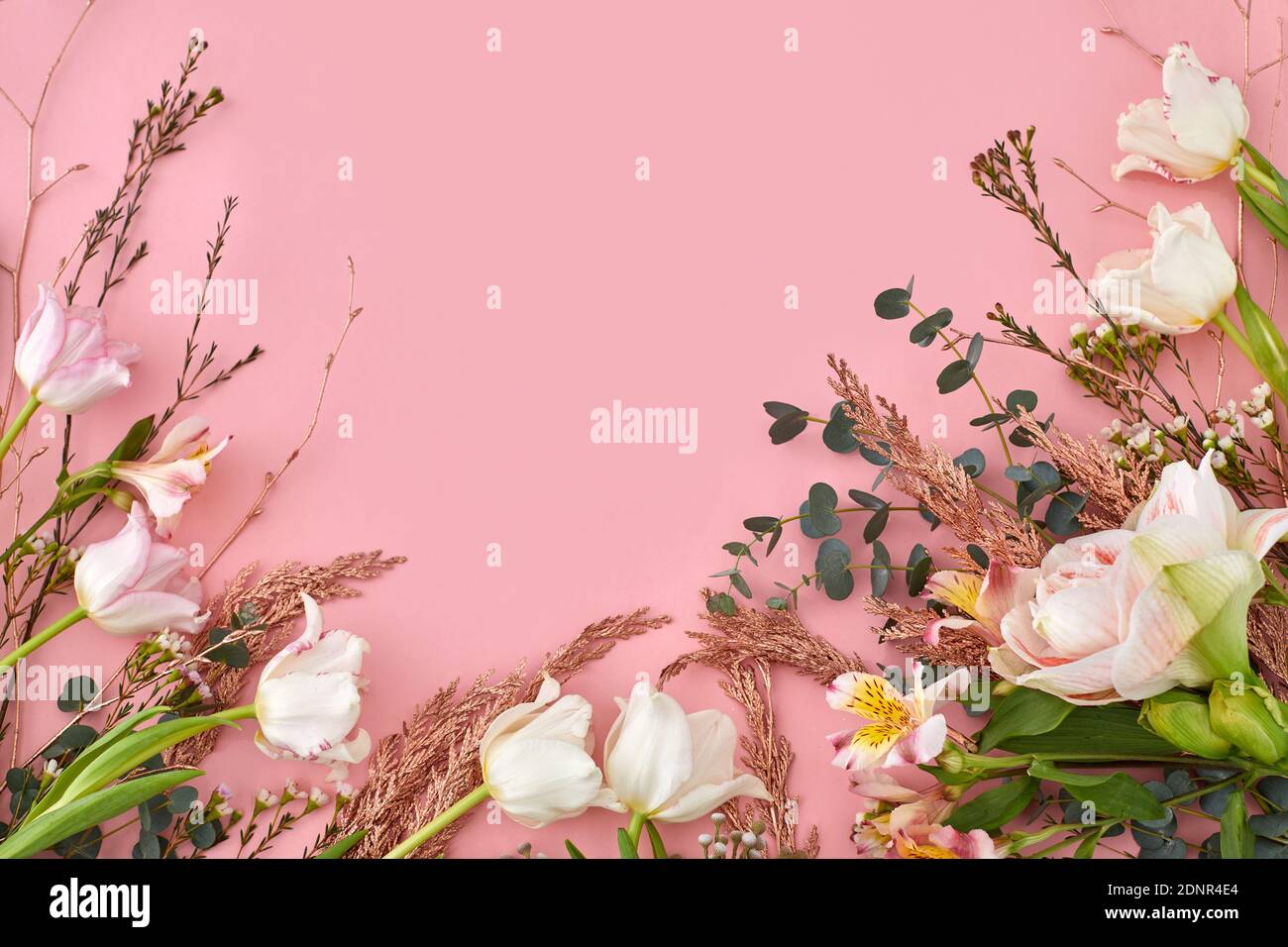 Tulipani bianchi alstroemeria rami e foglia verde su sfondo rosa pastello con spazio copia. Carta da parati dolce e bella per San Valentino o matrimonio ba Foto Stock